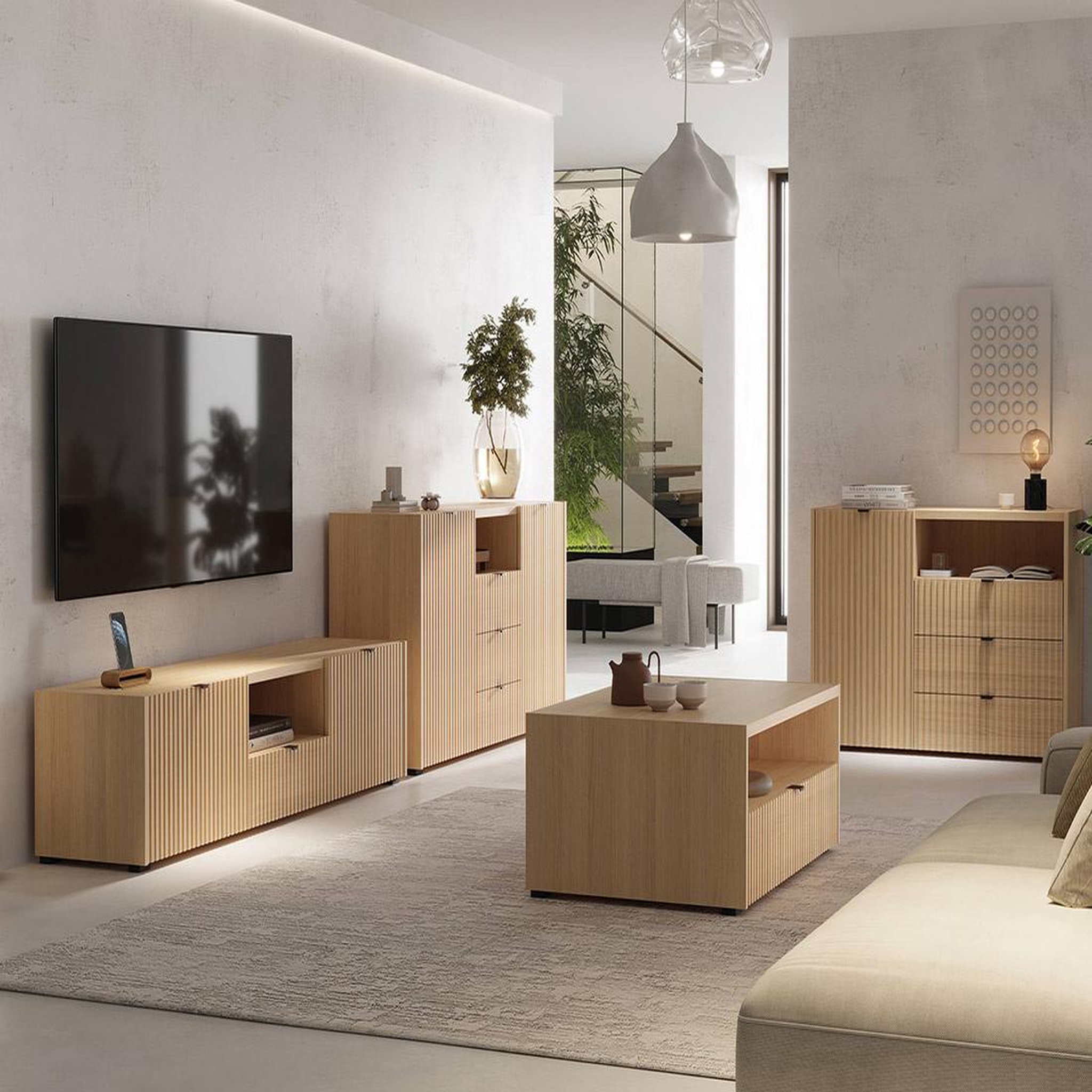 Voir la diapositive 5 : BEST MOBILIER Judy - buffet bas 106 cm - 1 porte, 3 tiroirs et 1 niche