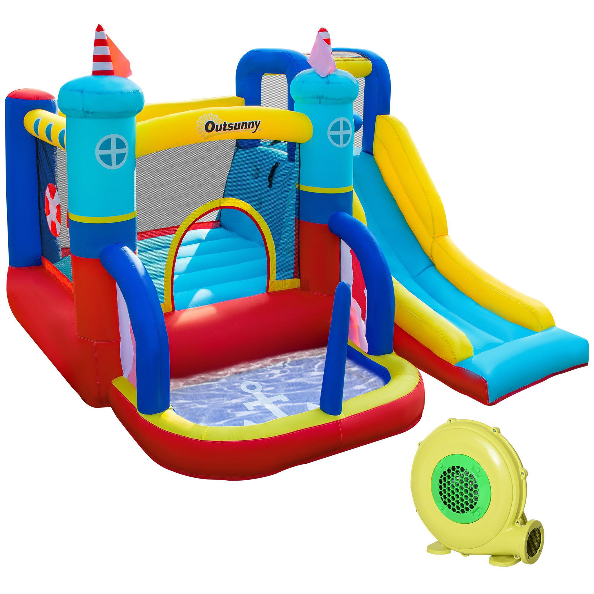 Voir la diapositive 1 : OUTSUNNY Château gonflable enfant - toboggan, trampoline, piscine, mur d'escalade - gonfleur, sac de transport inclus - dim. 2,65L x 2,6l x 2H m - polyester multicolore