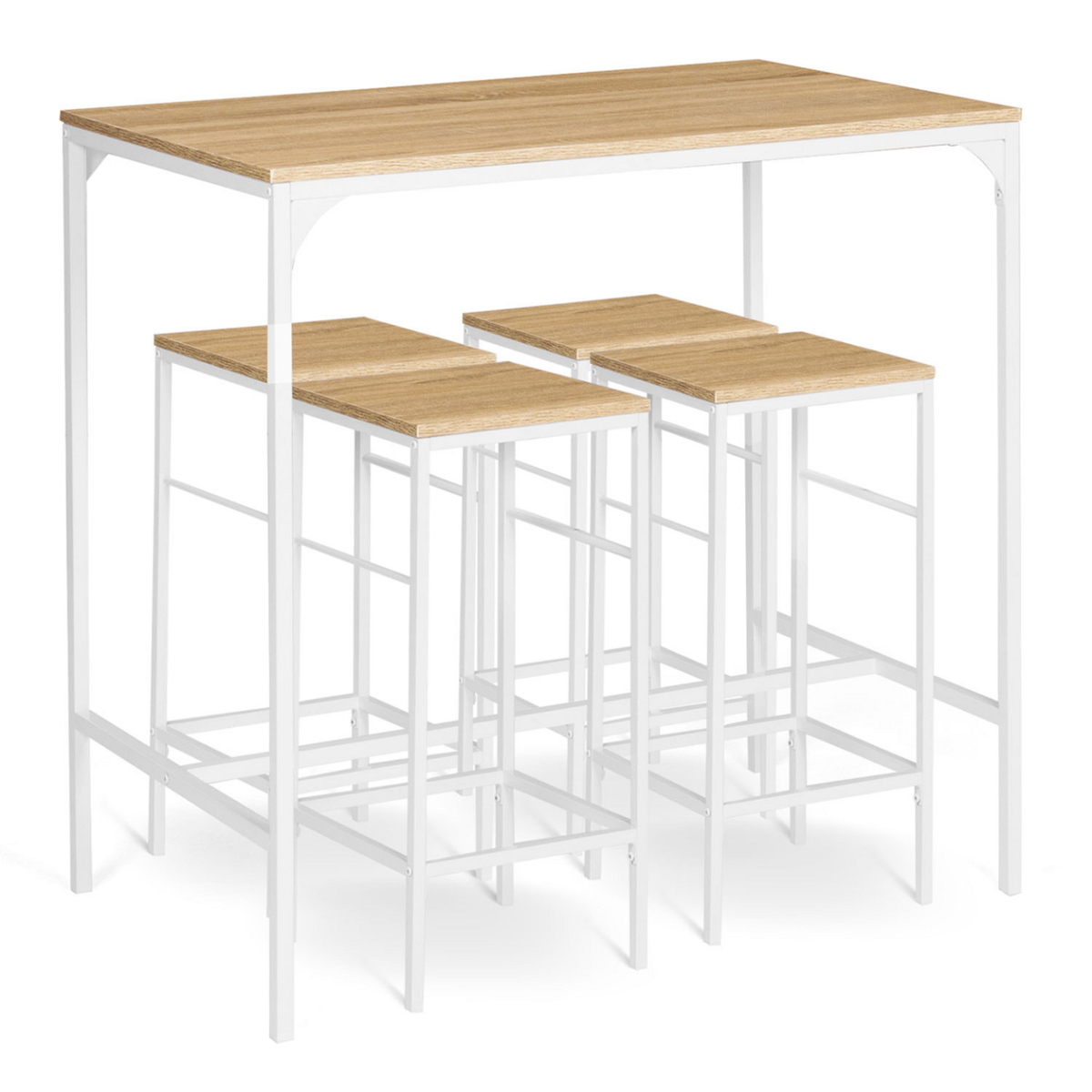 ID MARKET Ensemble table haute de bar DETROIT 100 cm et 4 tabourets bois et métal blanc design industriel