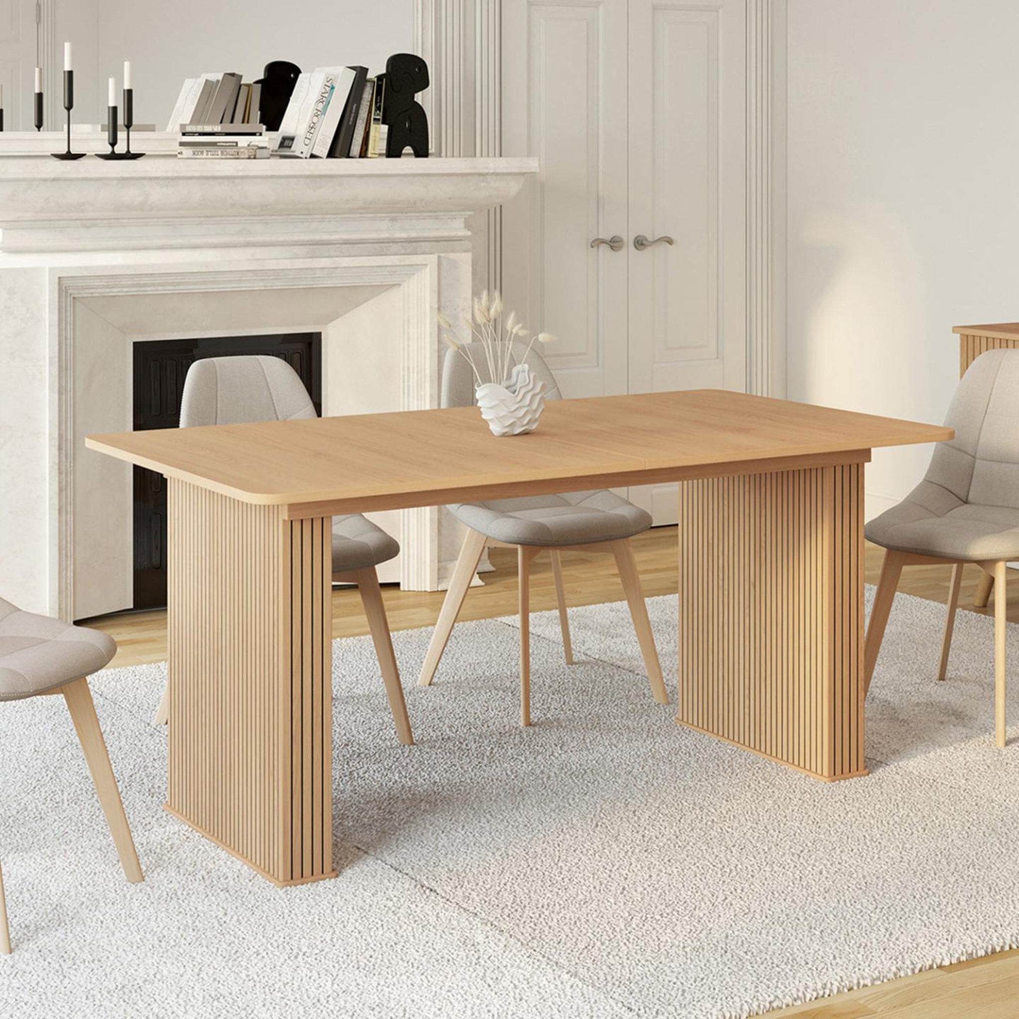 Voir la diapositive 4 : ID MARKET Table à manger extensible rectangle juliette 6-12 personnes pieds lattes tasseau bois coloris chêne 160-240 cm