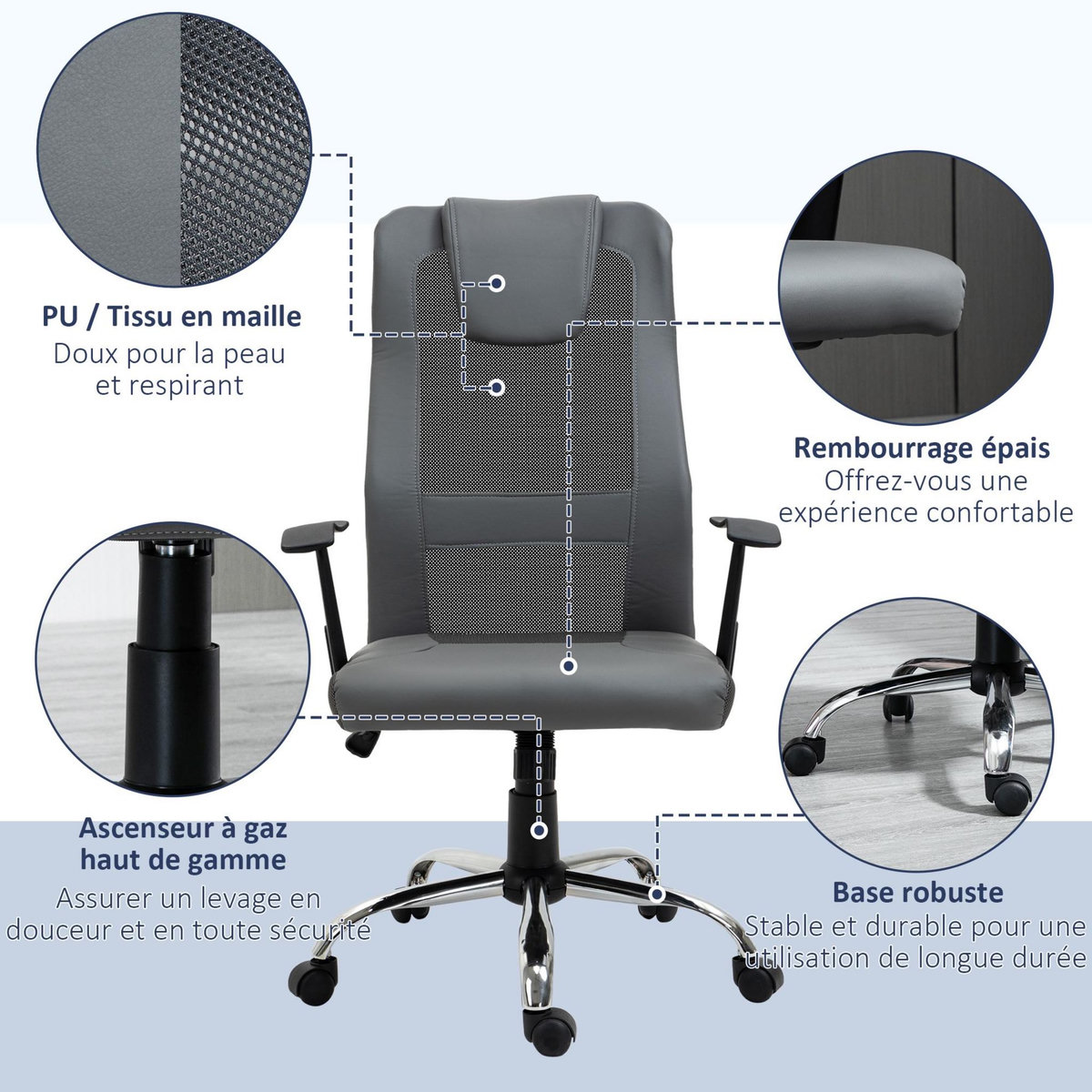 HOMCOM Fauteuil de bureau ergonomique hauteur assise réglable pivotant 360° revêtement synthétique et maille gris