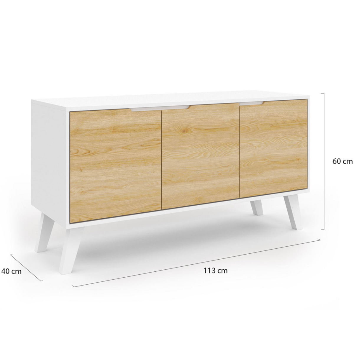 ID MARKET Buffet bas scandinave 113 cm FINN blanc 3 portes façon hêtre