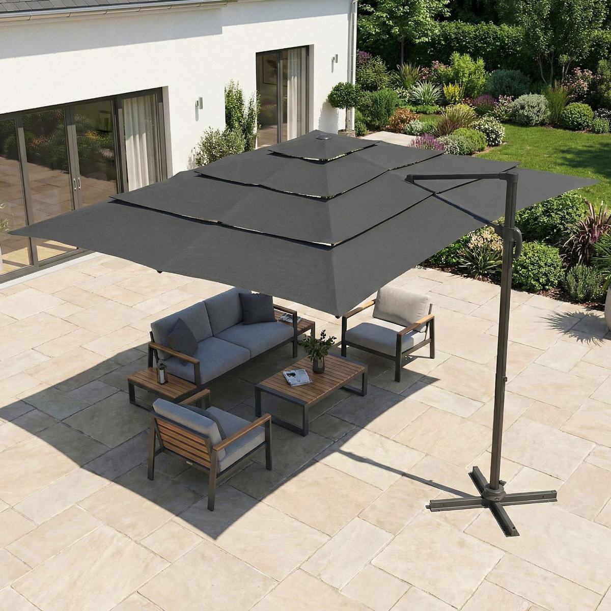 ID MARKET Parasol déporté inclinable rotatif 360 CALVI multi toile grand vent gris 3x4 M avec housse