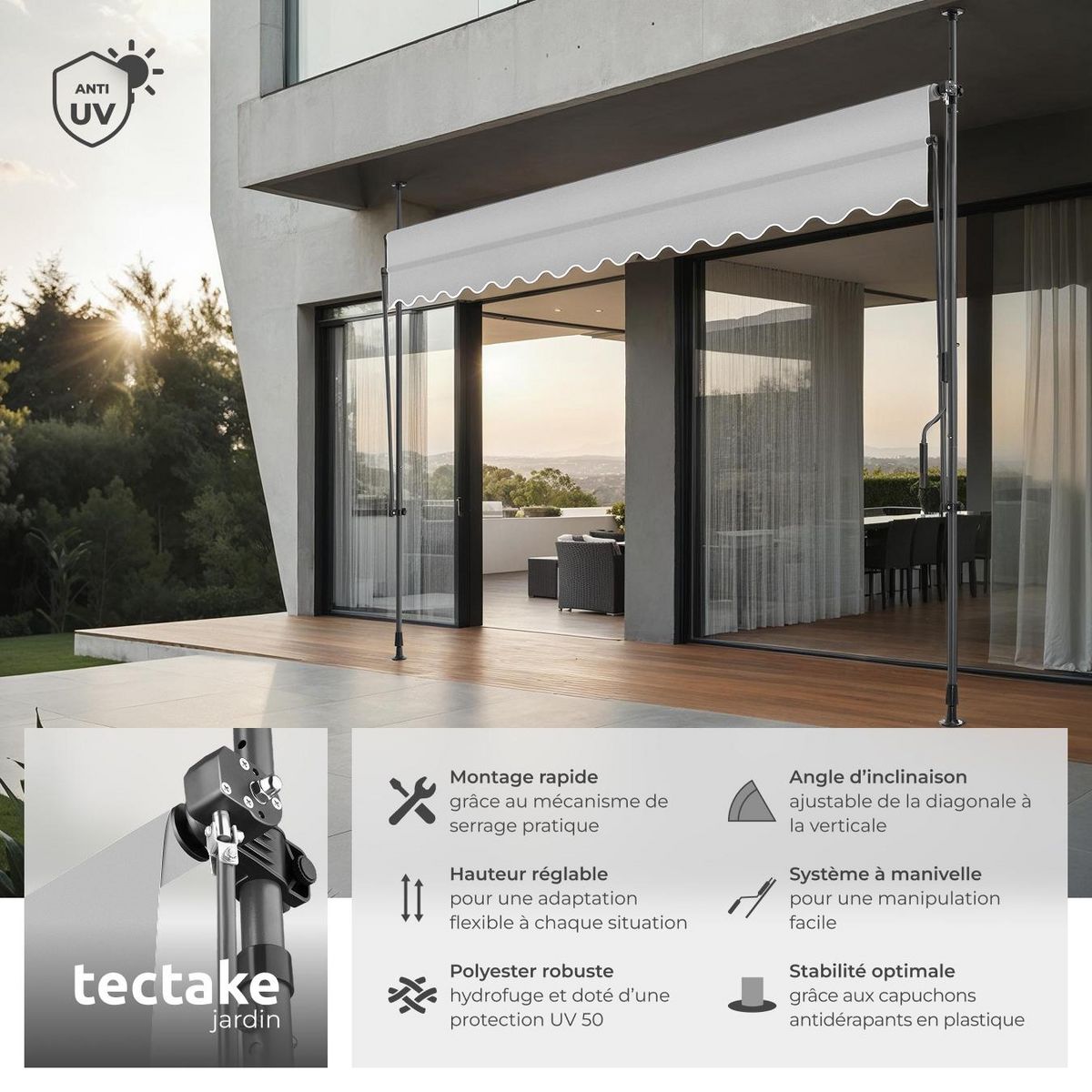 tectake Store à pince sans perçage avec manivelle gris clair 350 x 180 cm