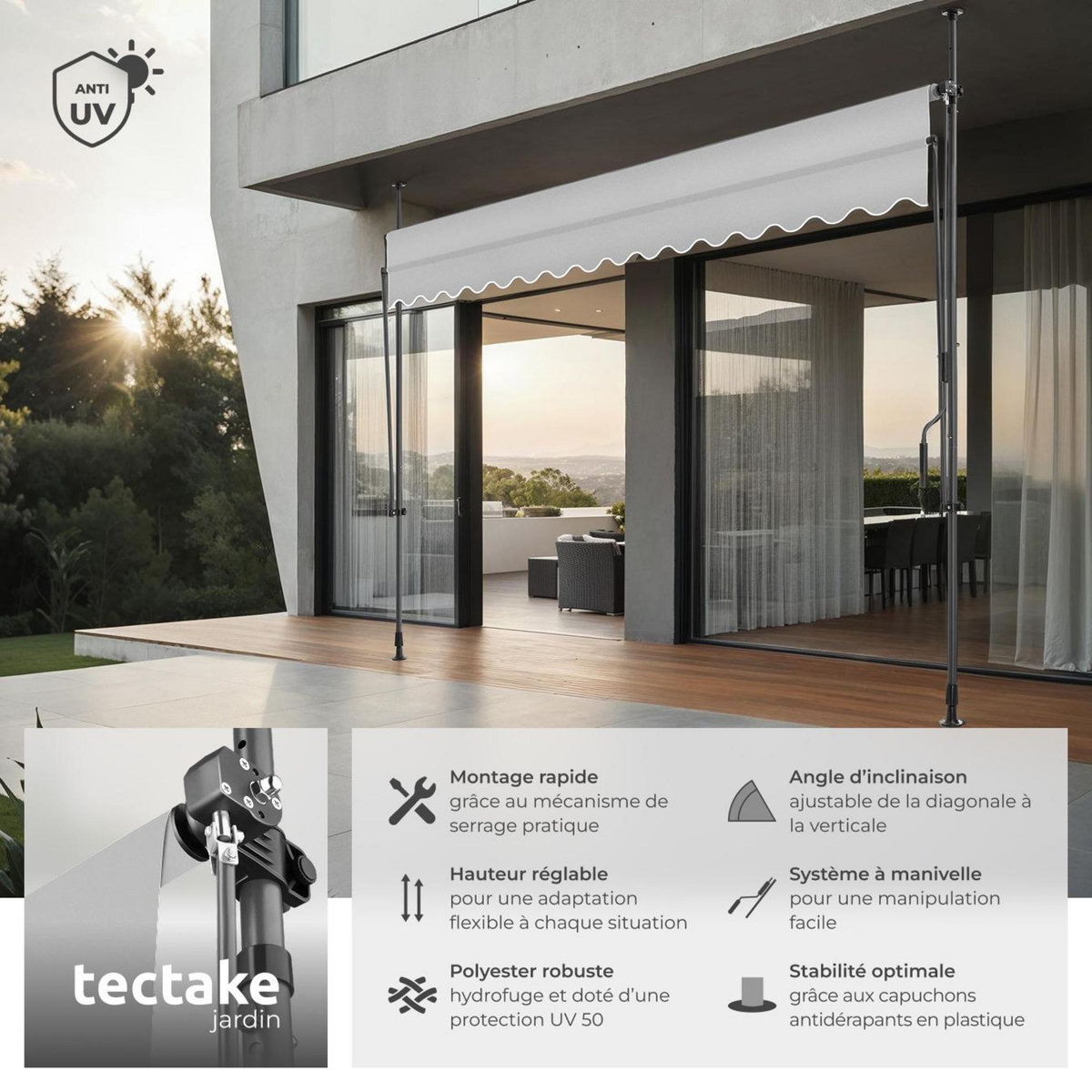 tectake Store à pince sans perçage avec manivelle gris clair 350 x 180 cm