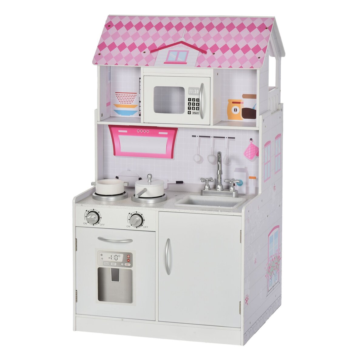 HOMCOM Cuisine bois jeu d'imitation - maison de poupée cuisine enfant 2 en 1  - nombreux accessoires & rangements inclus - MDF pin rose blanc pas cher 
