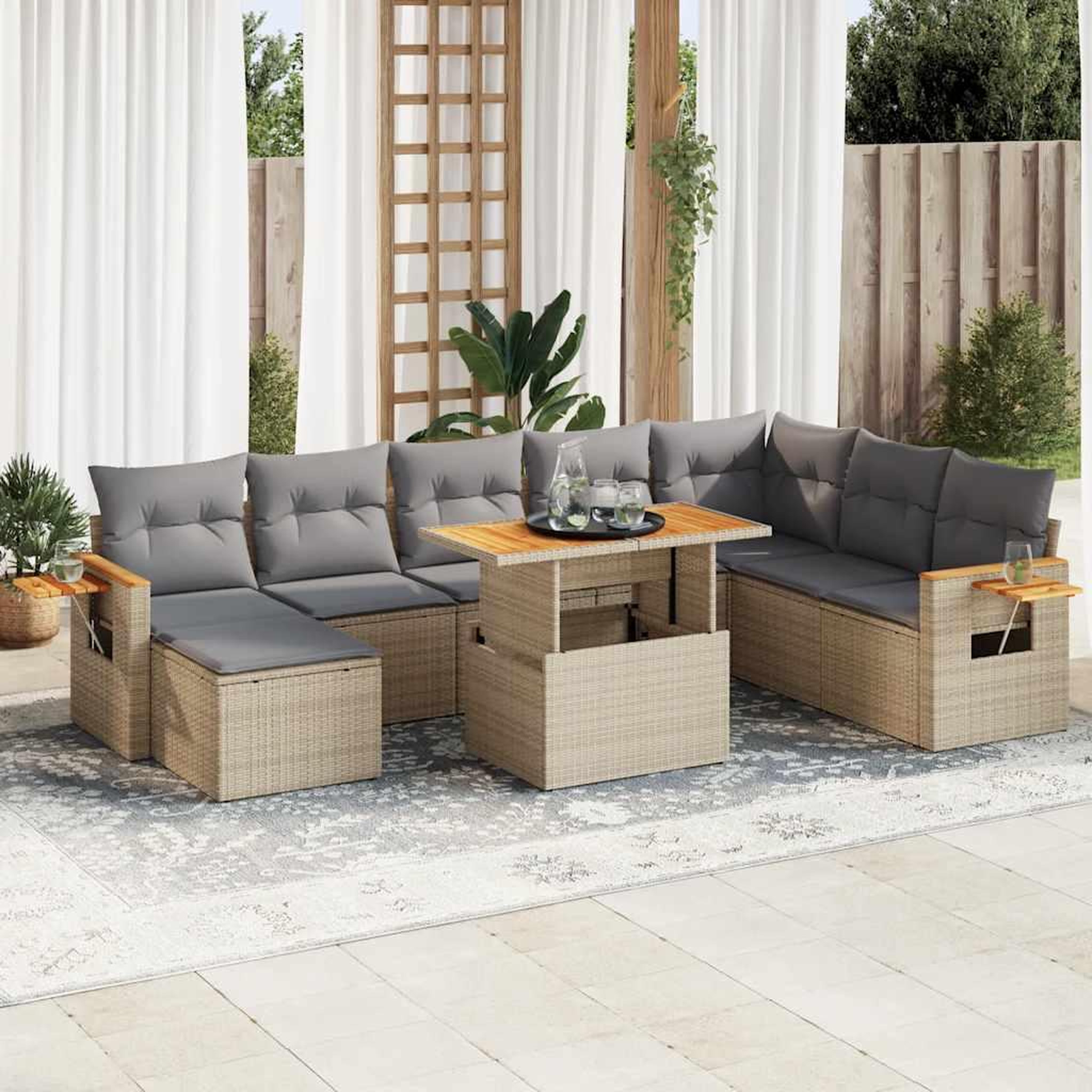 VIDAXL Salon de jardin avec coussins 9 pcs beige resine tressee acacia