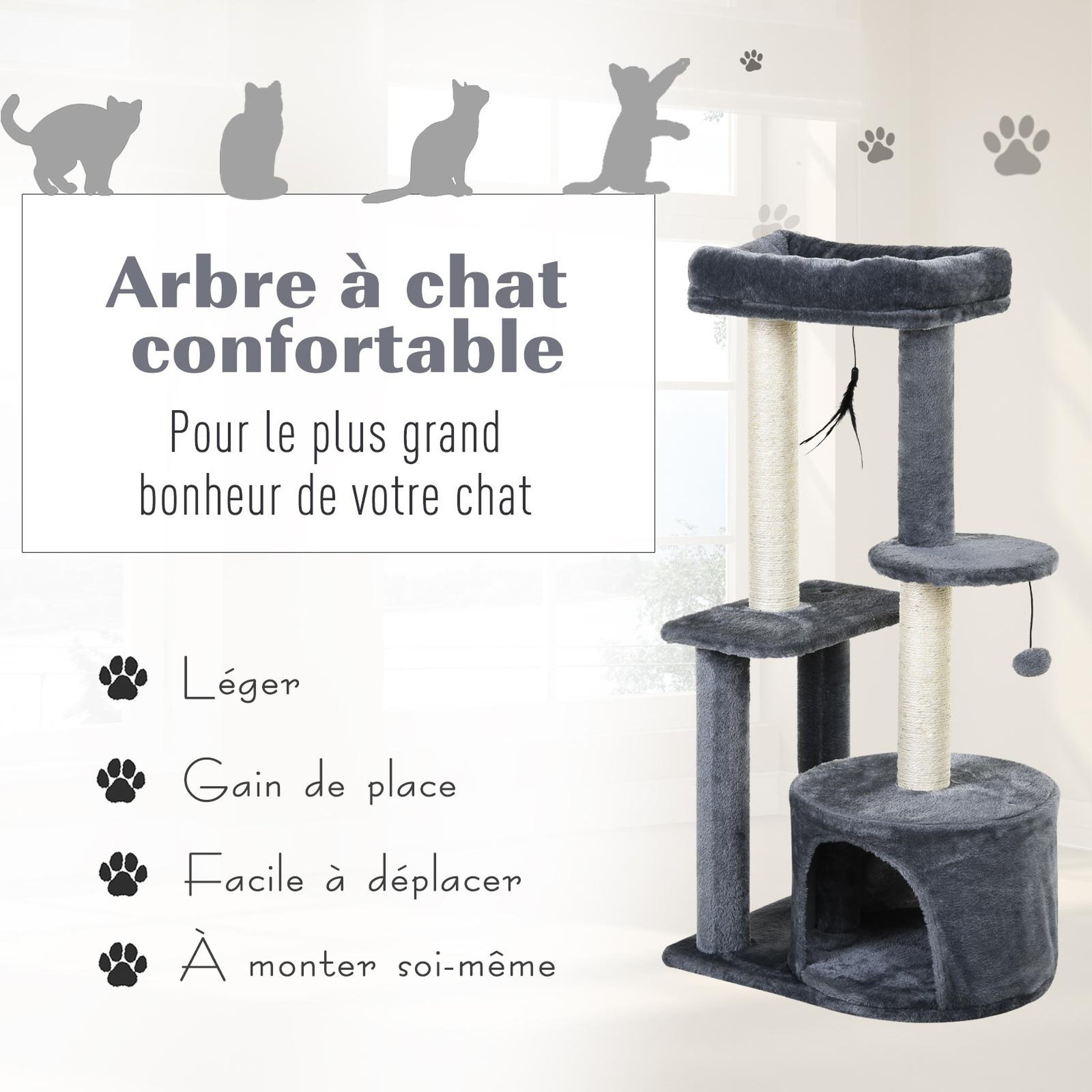 Voir la diapositive 5 : PAWHUT Arbre à chats avec griffoirs grattoirs sisal naturel centre d'activités niche plateformes 2 jouets suspendus gris