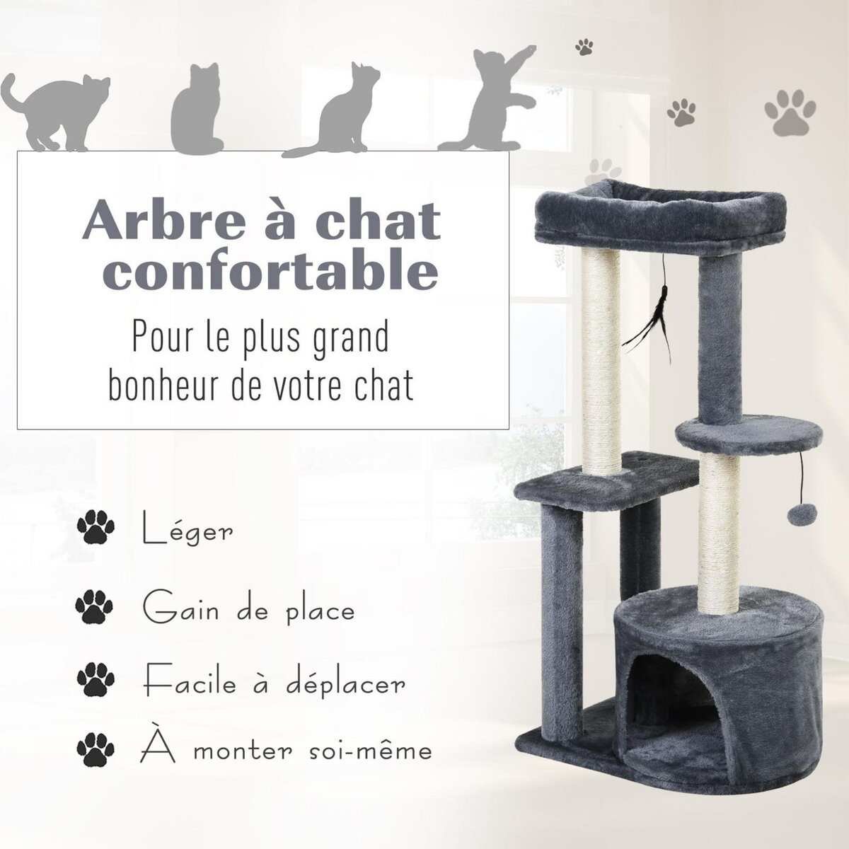 PAWHUT Arbre à chats avec griffoirs grattoirs sisal naturel centre d'activités niche plateformes 2 jouets suspendus gris