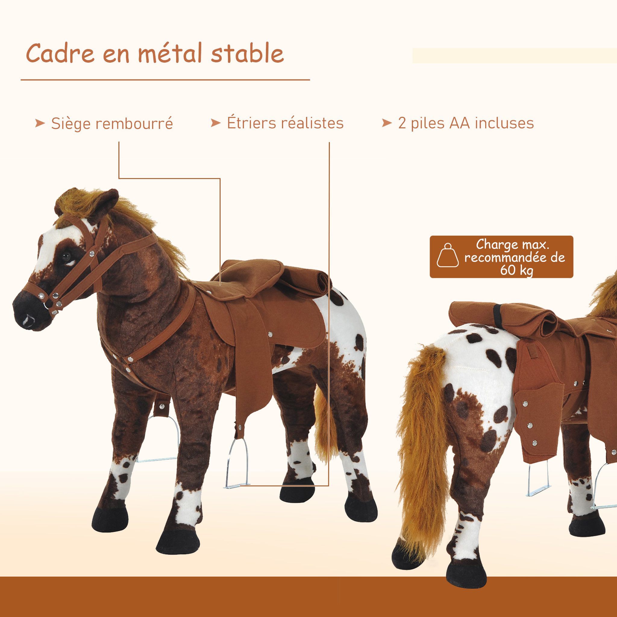Voir la diapositive 6 : HOMCOM Cheval debout en peluche effets sonores hennissement et galop selle étrier rênes 85L x 28l x 60H marron blanc
