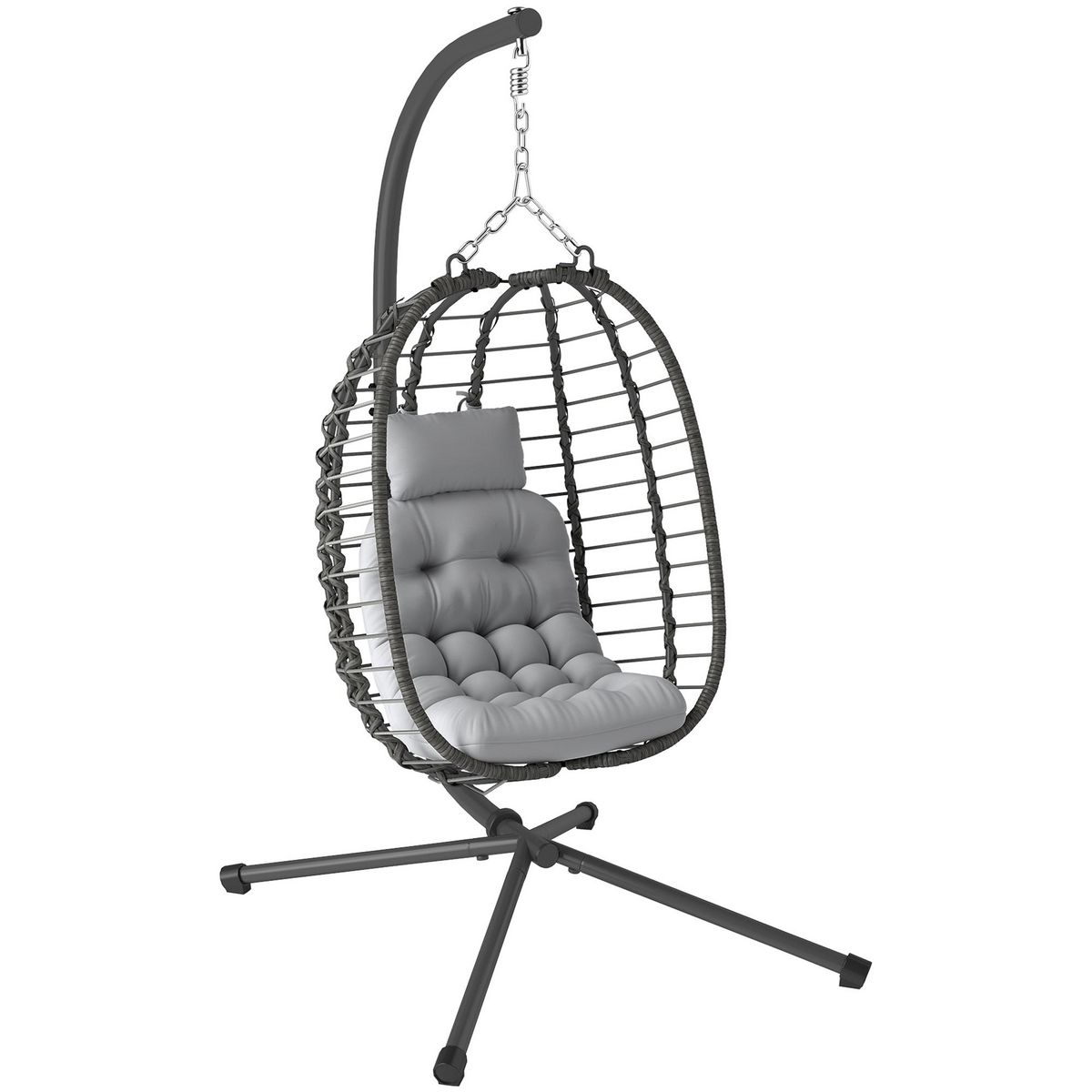 OUTSUNNY Fauteuil suspendu pliable en résine tressée avec support et épais coussin grand confort gris