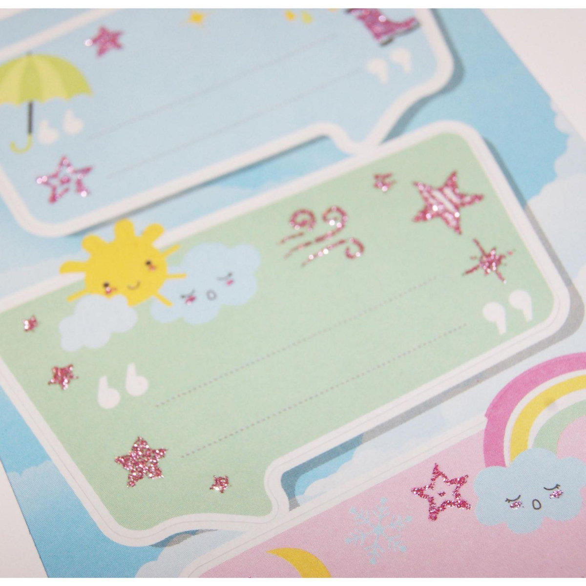 GLOBAL GIFT 12 étiquettes adhésives scolaires - Rectangle - Météo - Paillettes