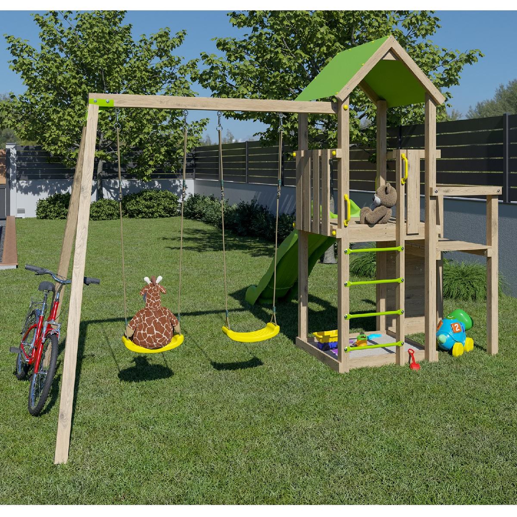 Voir la diapositive 2 : trigano Aire de jeux avec toboggan - Bois - H2,20m - XPERIENCE