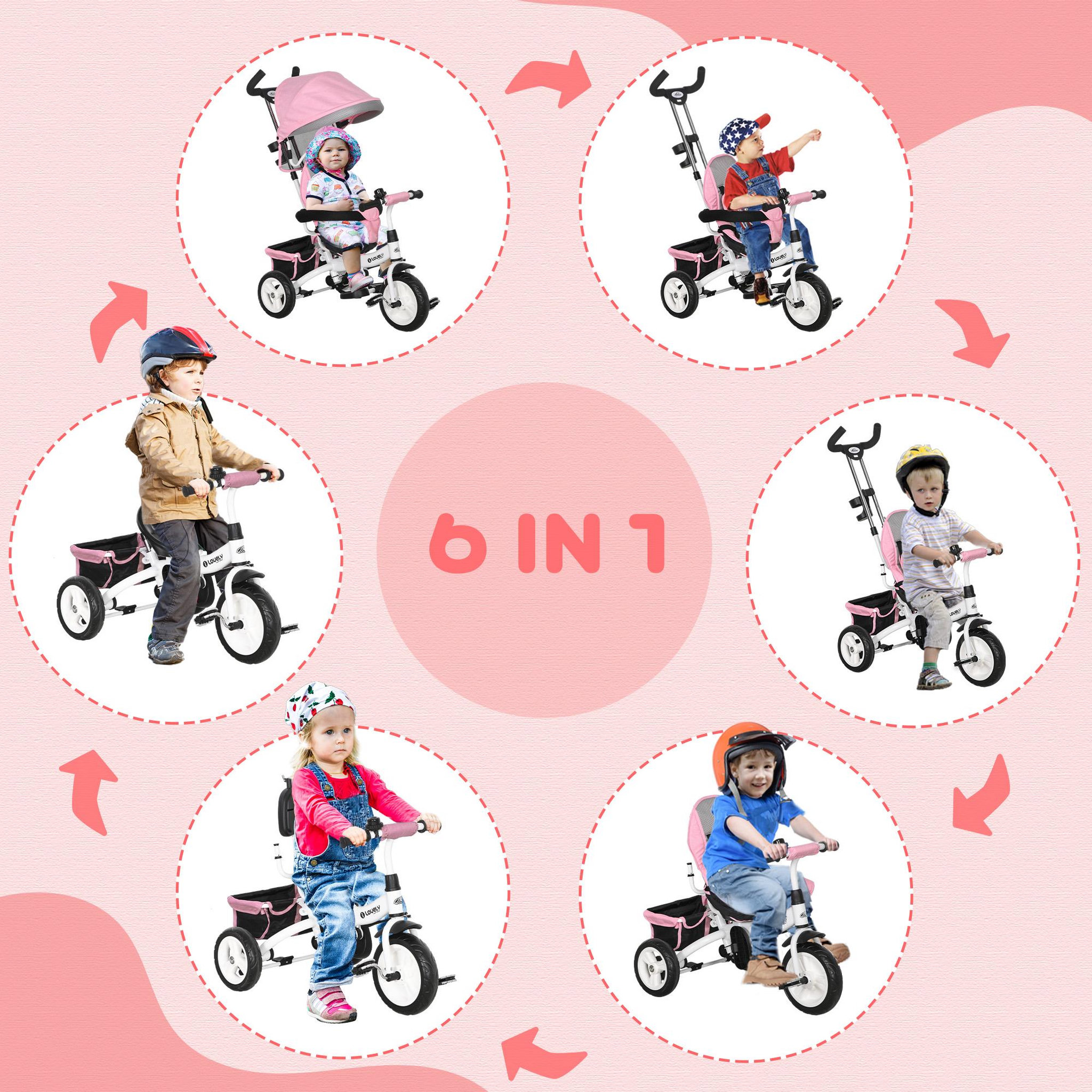 Voir la diapositive 5 : HOMCOM Tricycle enfant évolutif pare-soleil pliable canne télescopique amovible acier rose