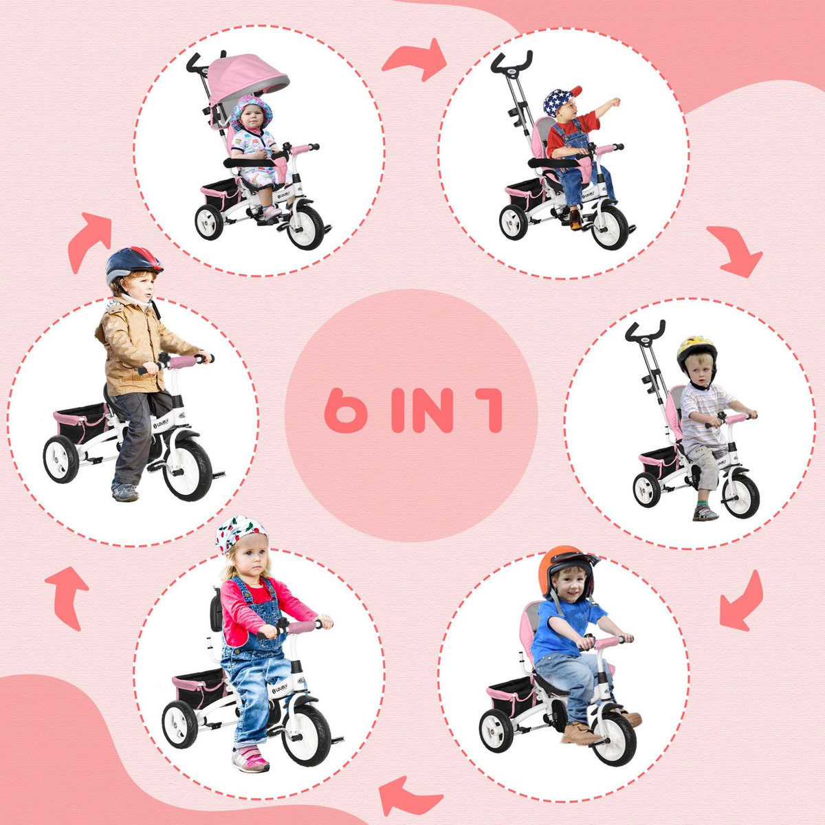 HOMCOM Tricycle enfant évolutif pare-soleil pliable canne télescopique amovible acier rose