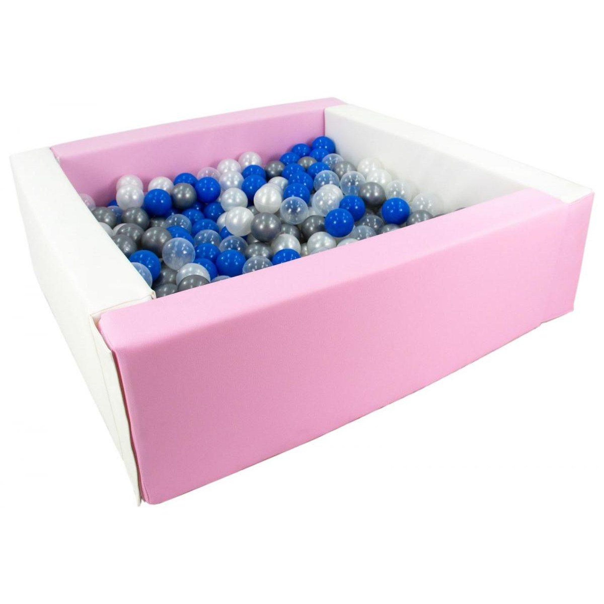 VELINDA Piscine à balles carrée avec 300 balles - blanc, rose (pastel)/perle, transparent, bleu, argent