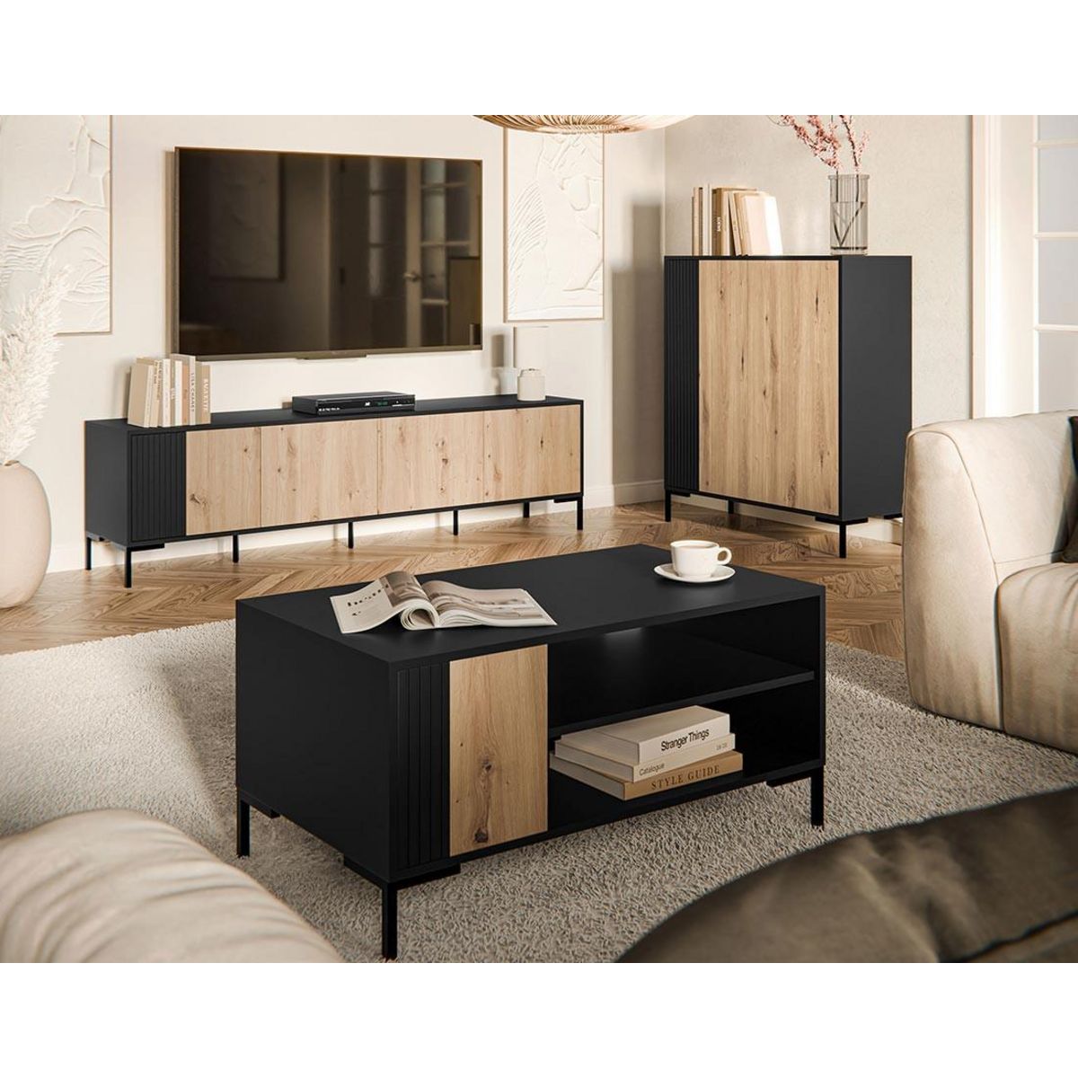 BEST MOBILIER Cambridge - buffet haut - effet bois et noir - 129 cm