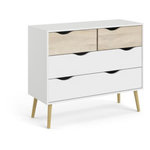 TVILUM Commode 4 tiroirs - Blanc / Chene - Pietement évasé en bois massif - 98,7 x 39,1 x 81,7 cm ARO