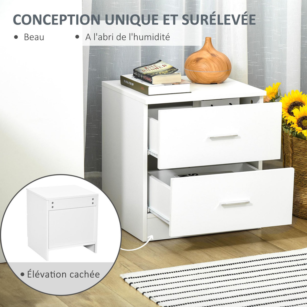 HOMCOM Chevet table de nuit style contemporain 2 tiroirs poignées alu blanc