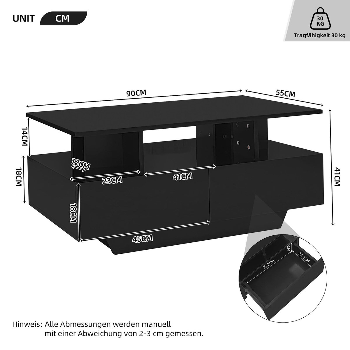 MERAX Table Basse Avec 2 Tiroirs Et LED