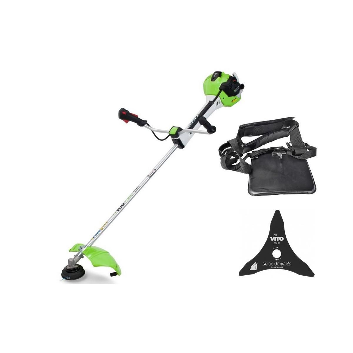 VITO Garden Débroussailleuse Thermique 52 Cm3 Moteur 2T 1,9 CV Harnais + Lame 3 dents Ø 25.5 cm + Fil nylon Ø 2.5 mm VITO