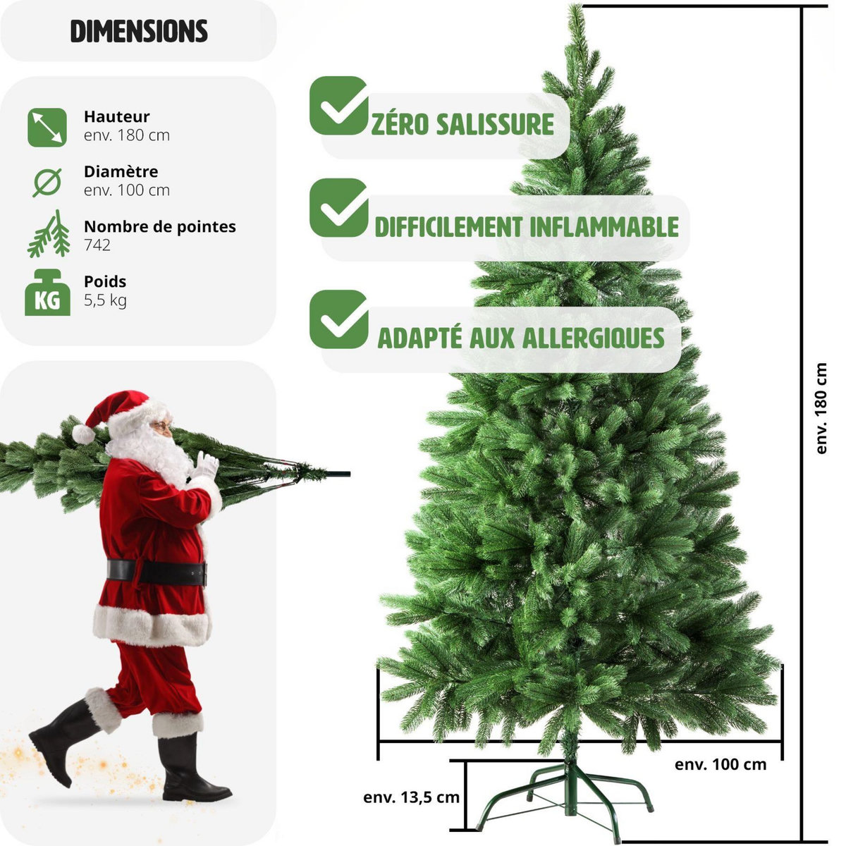 tectake Sapin de Noël artificiel 180 cm vert vert