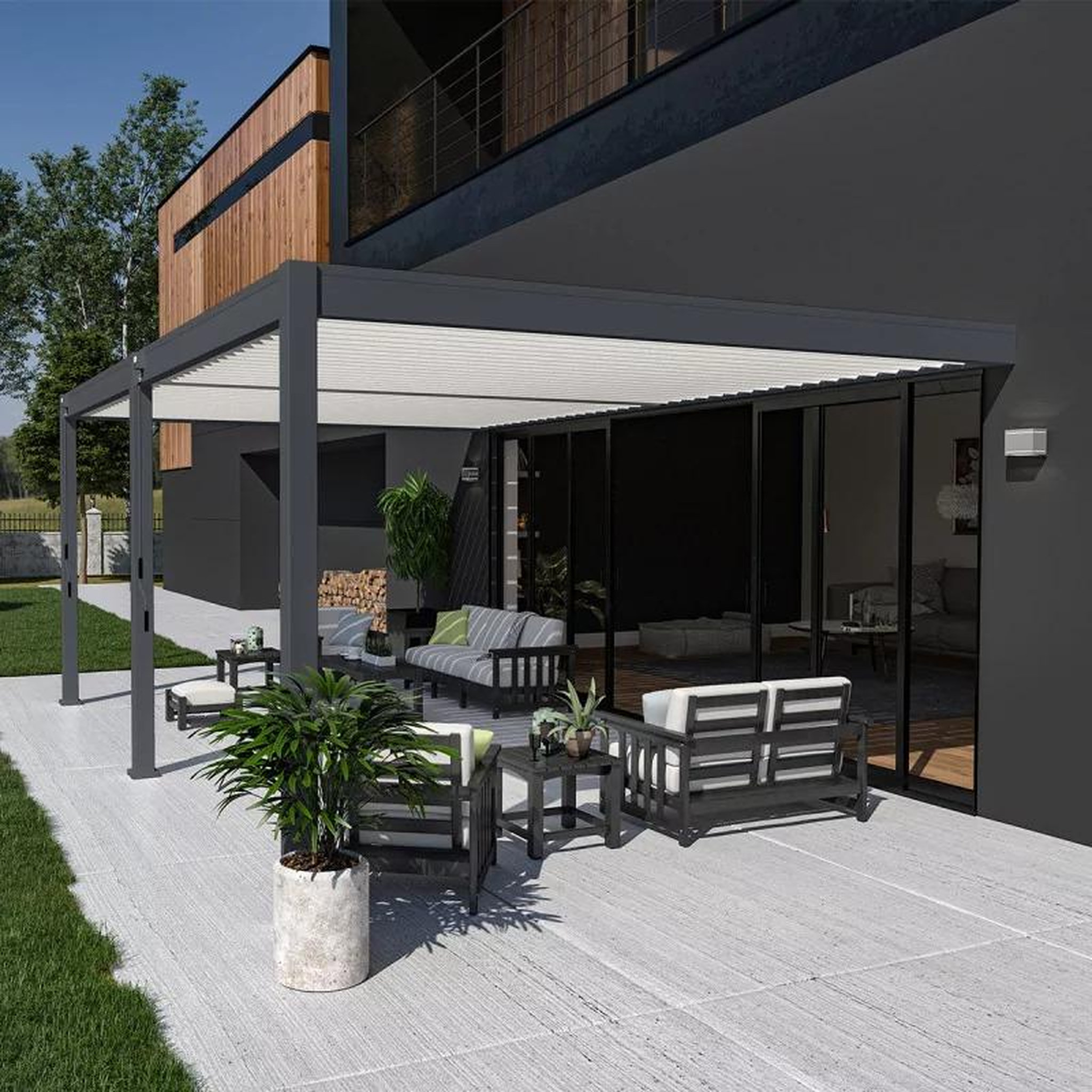 CENTRALE BRICO Pergola bioclimatique adossée 6 x 4 m avec 2 stores anthracite - aluminium anthracite et lames blanches - toiture étanche