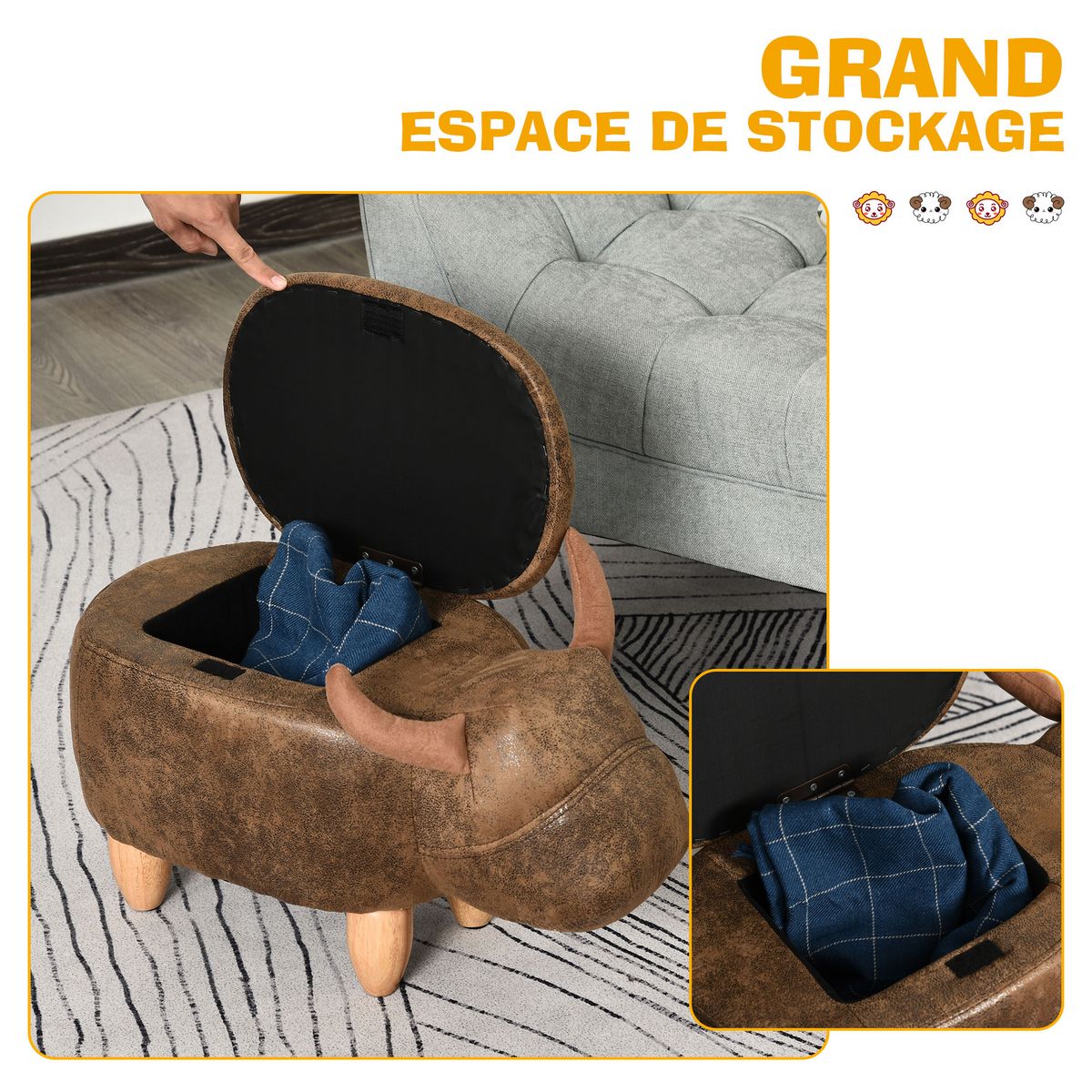 HOMCOM Tabouret vache - pouf vachette - pouf taureau coffre de rangement 2 en 1 - pieds bois d'hévéa revêtement synthétique aspect daim vieilli marron