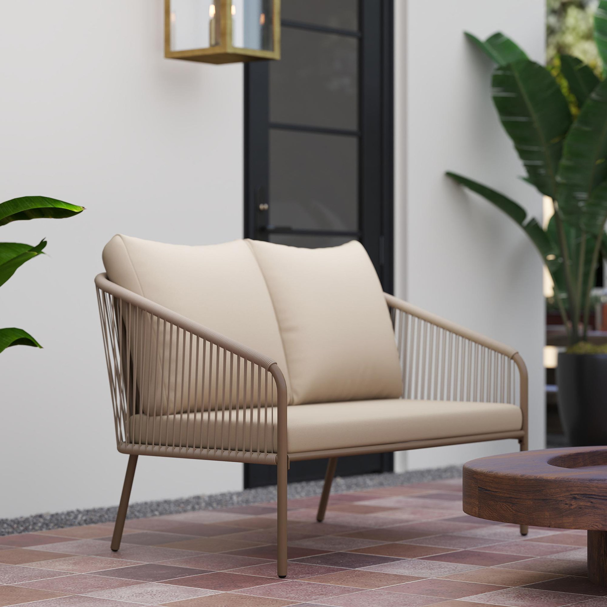 Voir la diapositive 4 : OUTSUNNY Canapé de jardin 2 places style bohème chic avec coussins assise dossier acier résine filaire grège