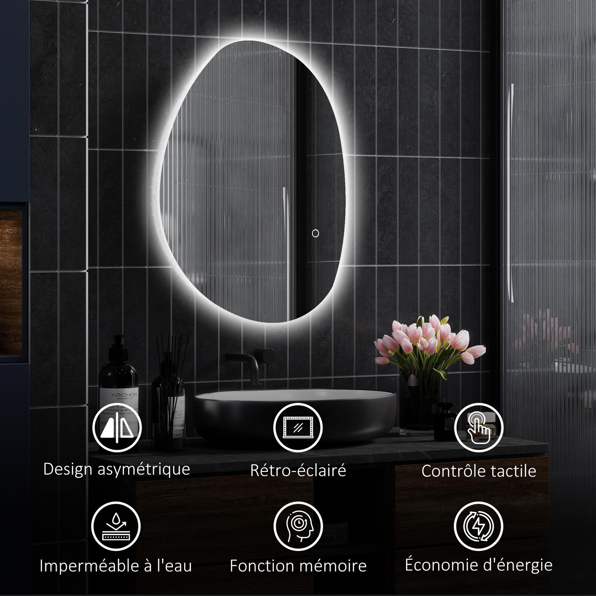 Voir la diapositive 6 : HOMCOM Miroir salle de bain design avec éclairage led - miroir asymétrique 70 x 50 cm - tactile, réglable, anti-buée - verre trempé