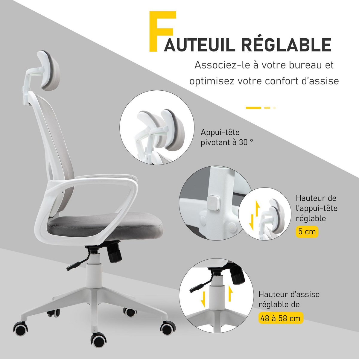 VINSETTO Fauteuil de bureau ergonomique en velours - 63 x 64 x 118-128 cm - gris clair