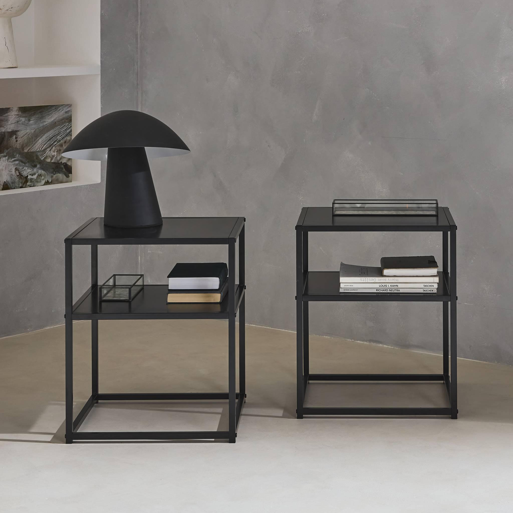 Voir la diapositive 5 : SWEEEK Lot de 2 Tables de chevet en métal noir. 1 étagère. INDUSTRIELLE L 43 x l 40 x H 52cm