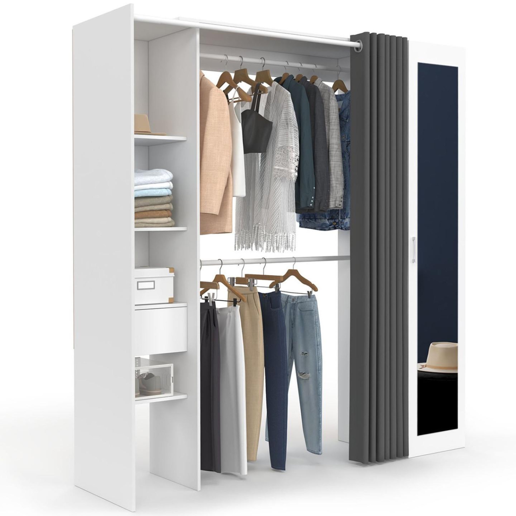ID MARKET Dressing extensible MERYL 145/170 x 50 x 180 cm blanc avec étagères + double penderie + miroir + rideau gris