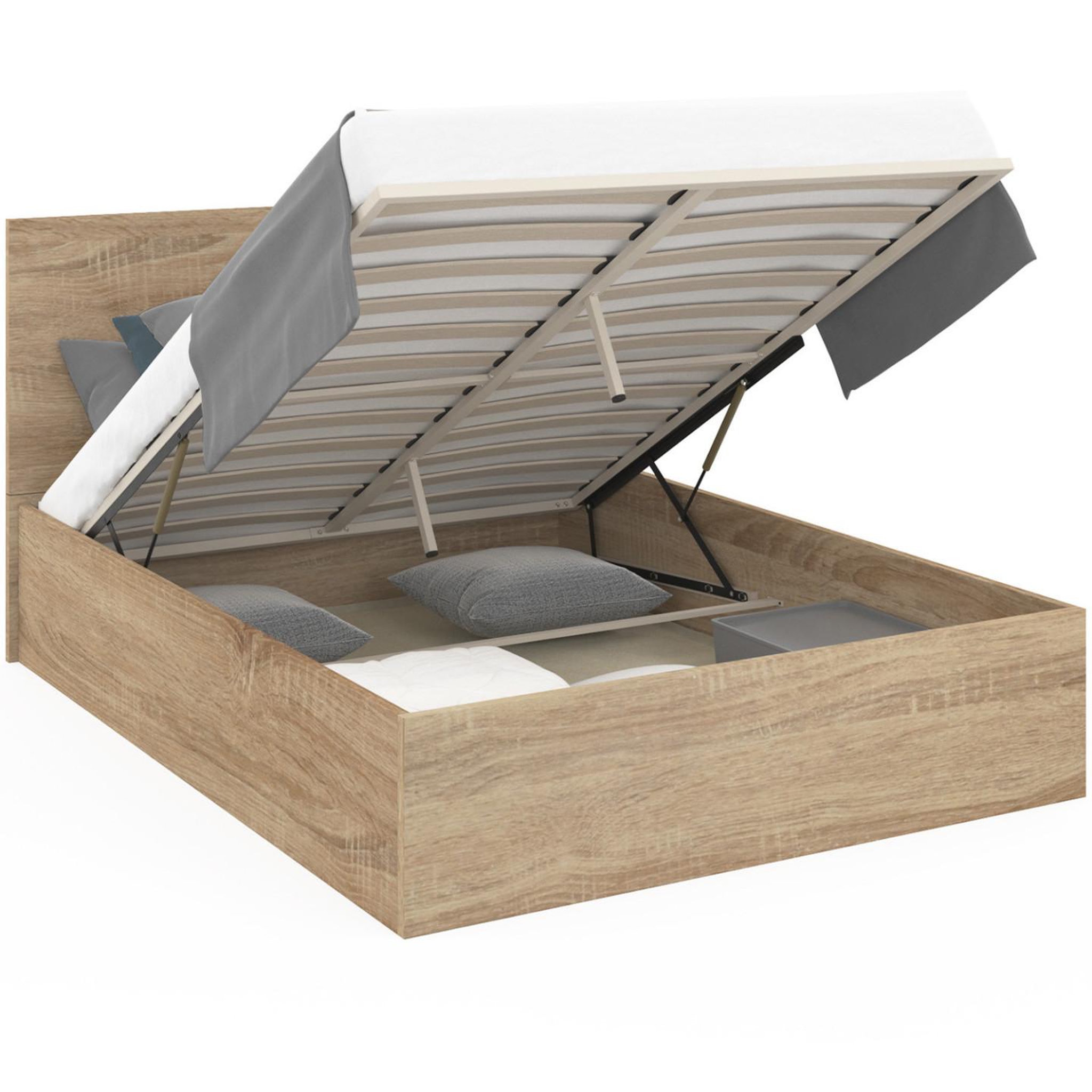 ID MARKET Lit coffre double seaside avec tête de lit et sommier 160 x 200 cm façon hêtre