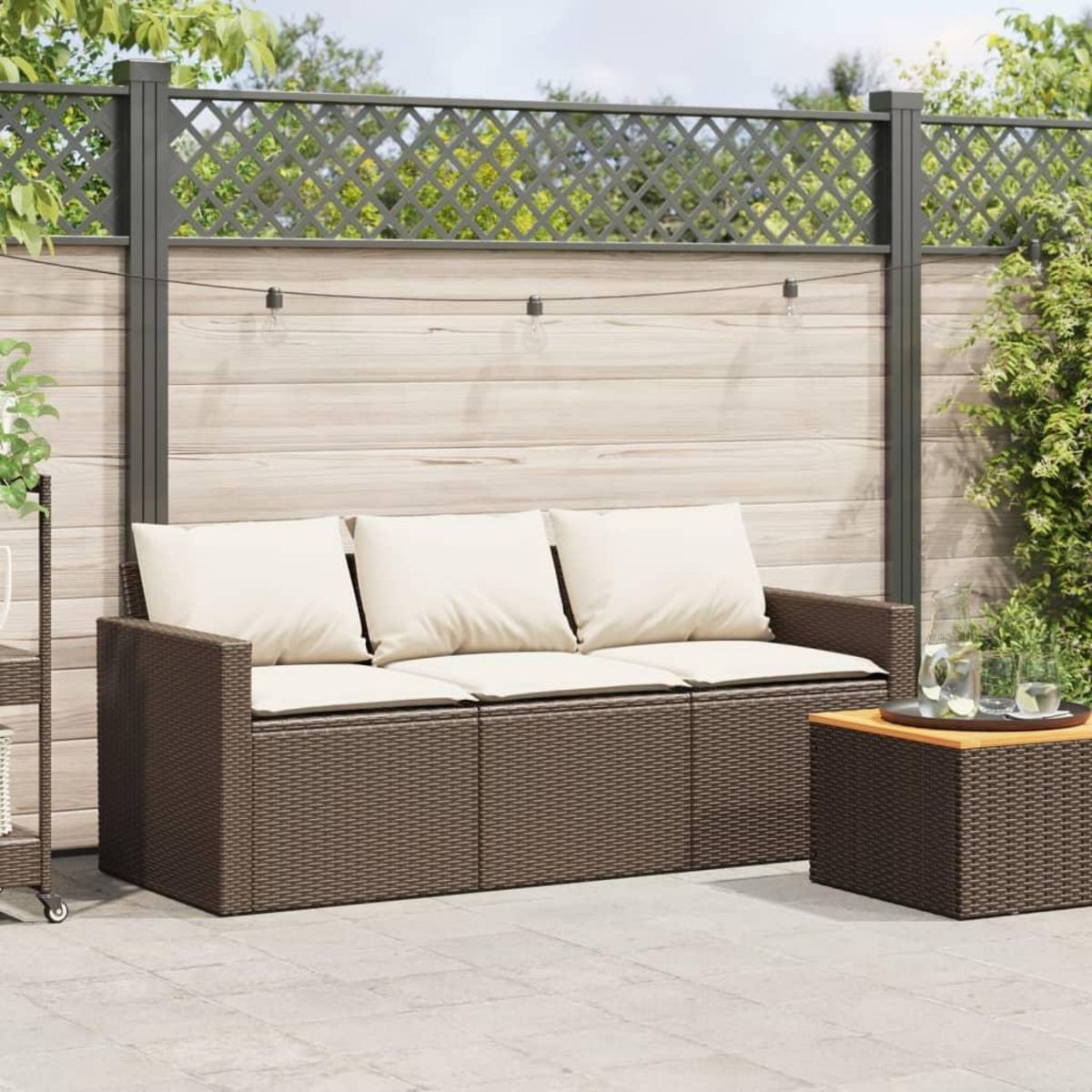 VIDAXL Canape de jardin avec coussins 3 places brun resine tressee
