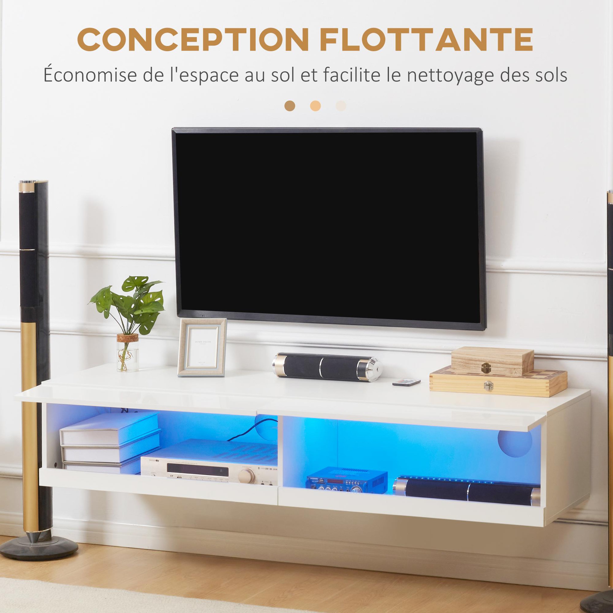 Voir la diapositive 5 : HOMCOM Meuble TV mural LED - banc TV flottant - 2 portes battantes - dim. 150L x 40l x 30H cm - blanc laqué