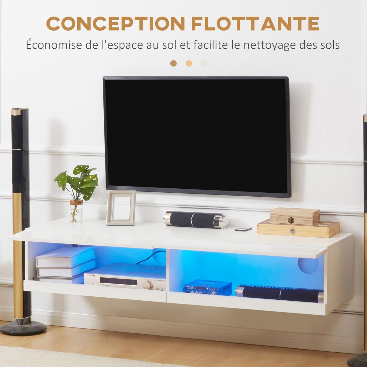 HOMCOM Meuble TV mural LED - banc TV flottant - 2 portes battantes - dim. 150L x 40l x 30H cm - blanc laqué