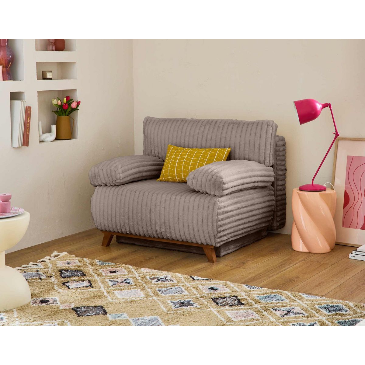 BEST MOBILIER Cristal - fauteuil - convertible avec coffre - en fausse fourrure côtelée