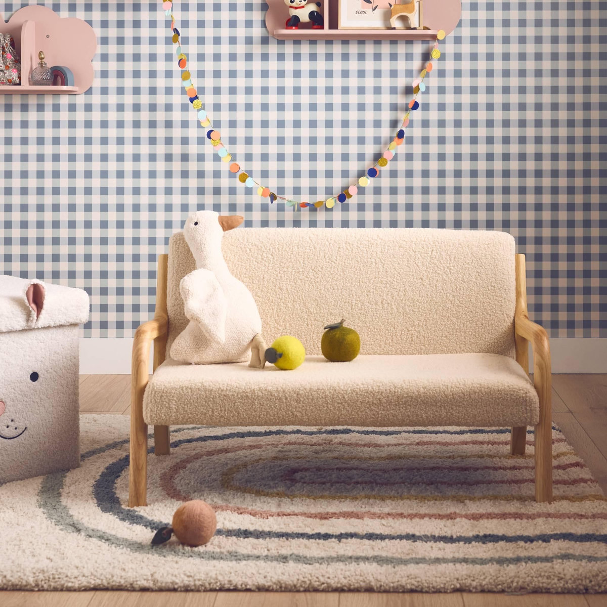SWEEEK Banquette scandinave enfant en bois et tissu bouclette beige 2 places