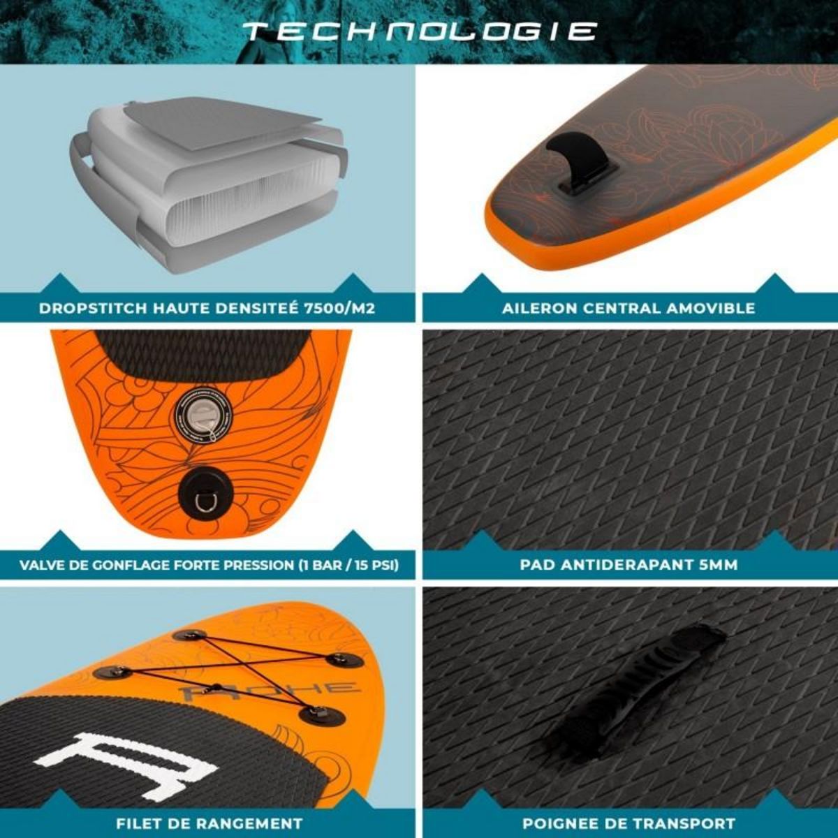 ROHE Stand Up Paddle gonflable HAVANE2 ROHE 9' (274cm) 30'' (76cm) 5'' (13cm) avec Pompe, Pagaie, Dérive, Leash et Sac de transport