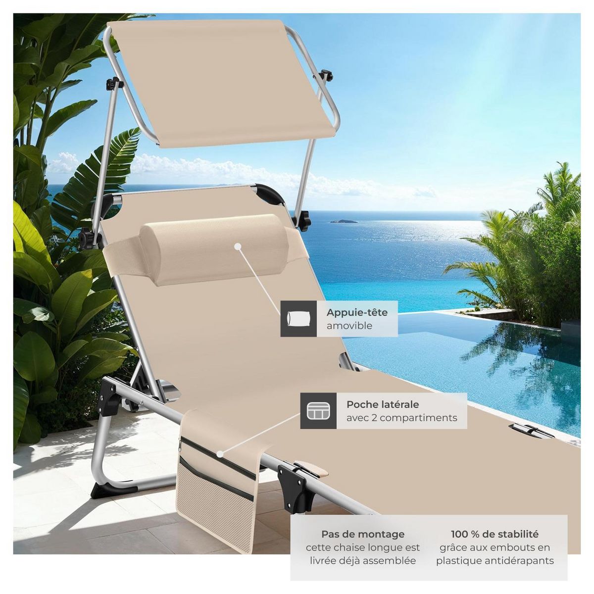 tectake Bain de soleil pliable avec oreiller beige