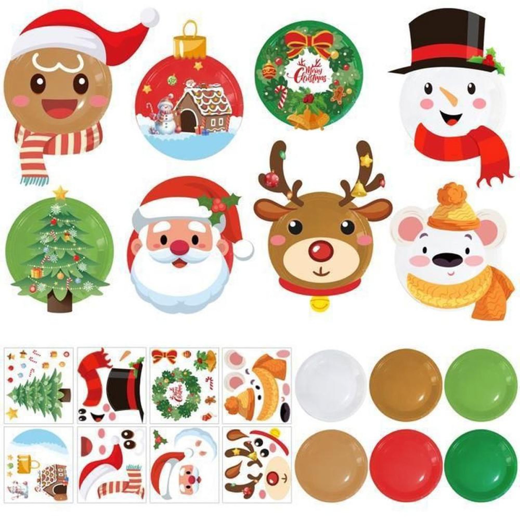 Kit stickers décoration table de Noël pour assiettes, 51 pièces, motifs personnages et sapin, rubans adhésifs double face inclus