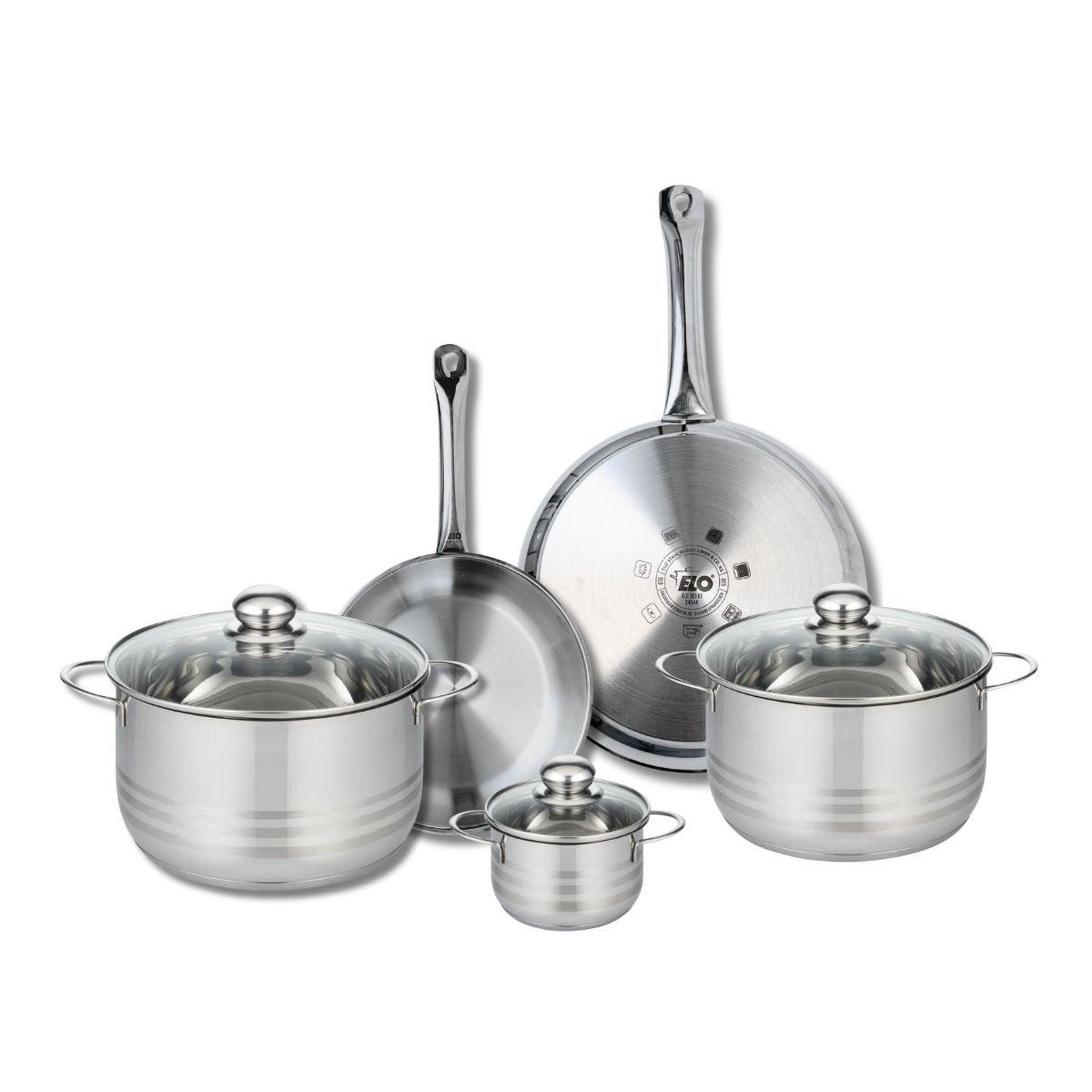 ELO Ensemble de 2 poêles de cuisson 24 et 28 cm et 3 faitouts 12, 20 et 24 cm elo profi brillant