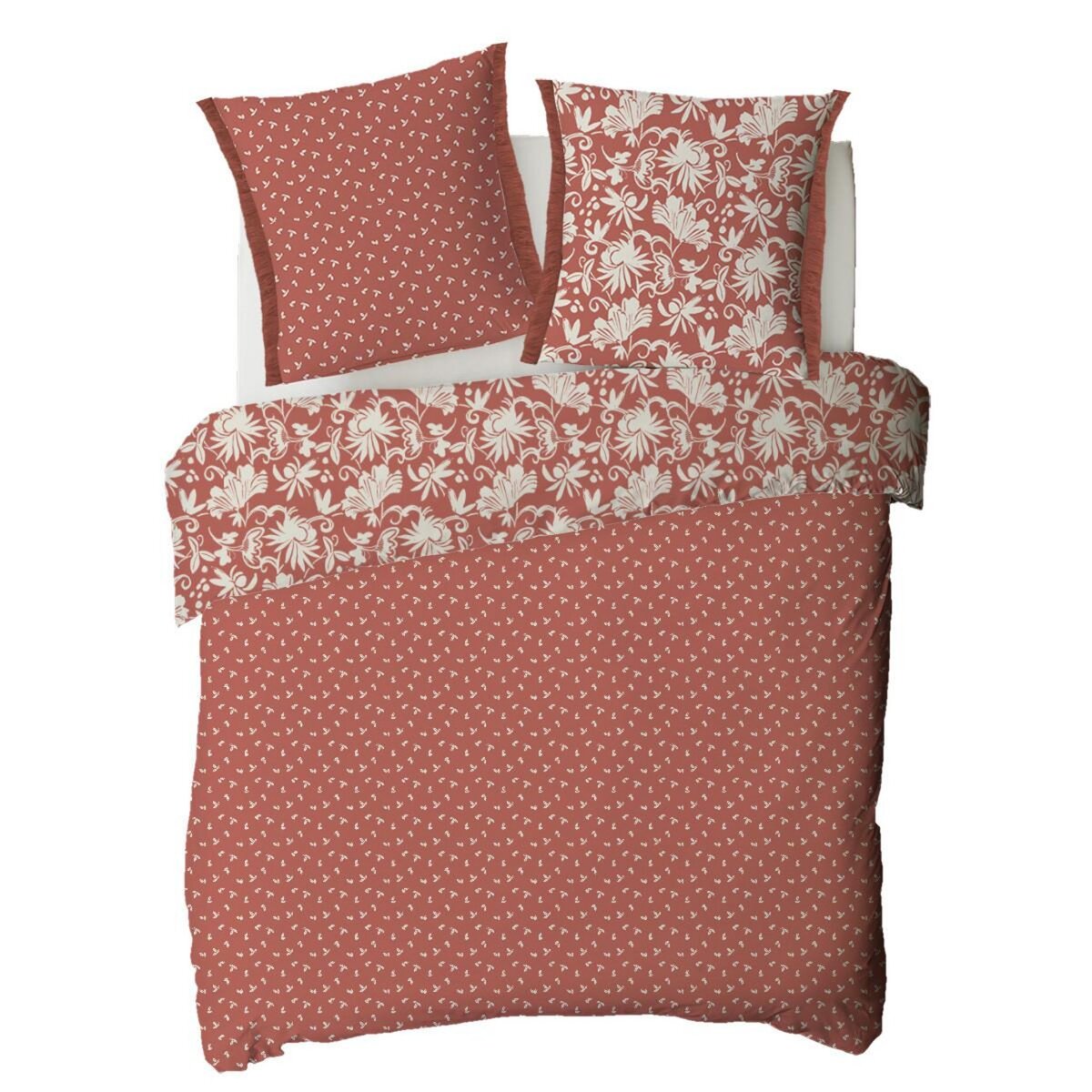FUTURE HOME Parure de lit 2 personnes floral à franges en coton