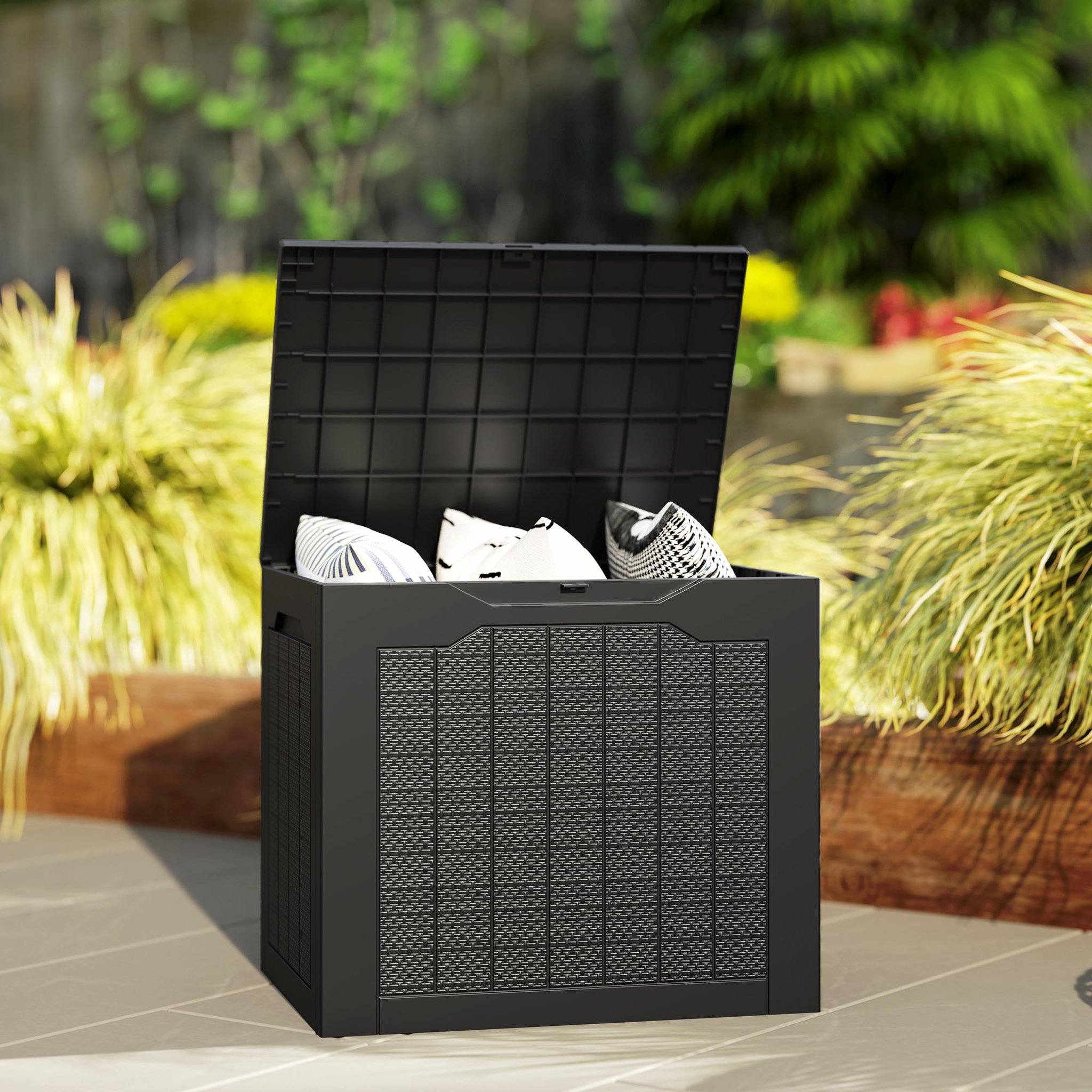 Voir la diapositive 4 : OUTSUNNY Coffre de jardin 93L dim. 56 x 41 x 50 cm effet rotin et bois noir