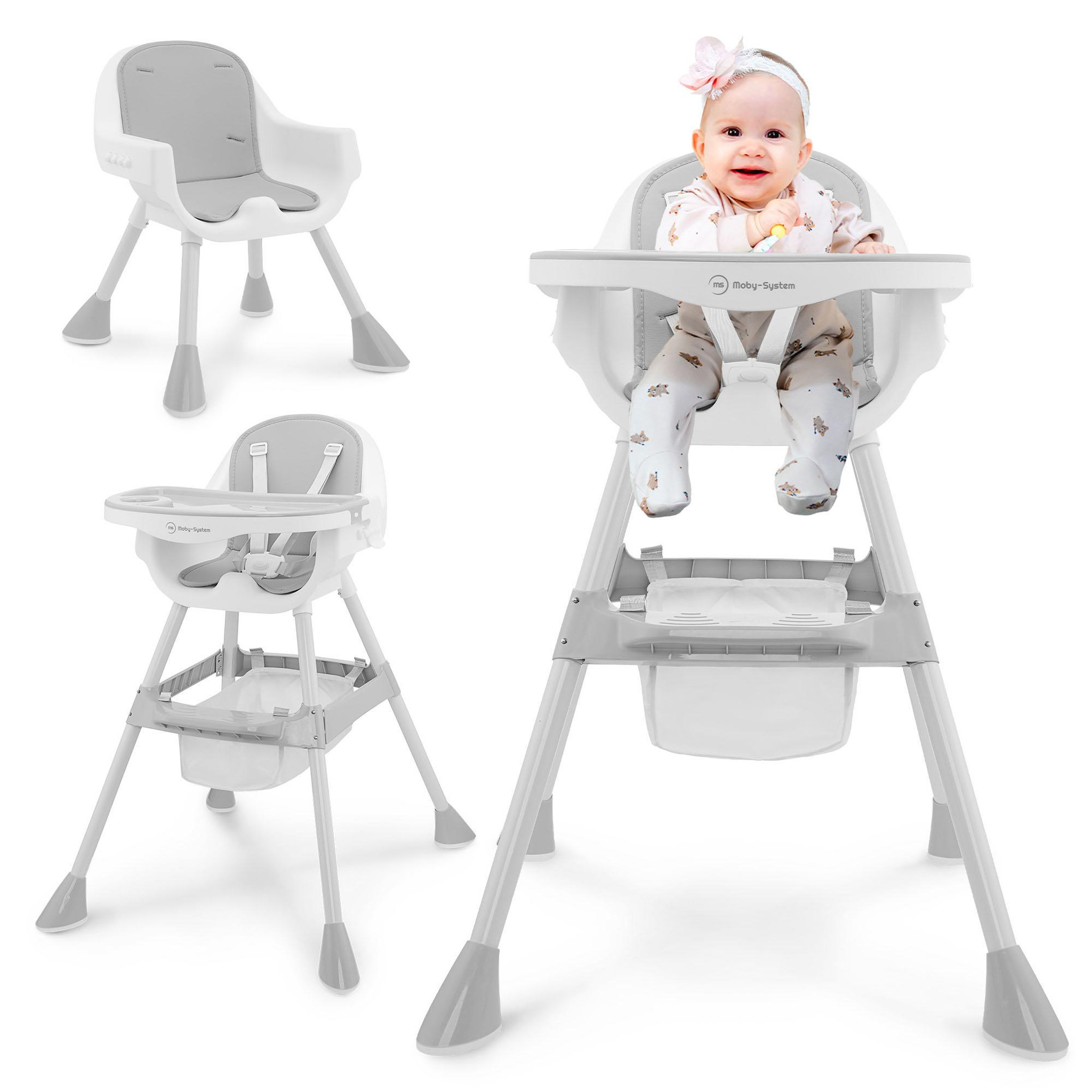 MOBY SYSTEM Chaise Haute Bébé Réglable 2en1 - Moby-System - Magnolia - Plateau Double - Coussin Similicuir