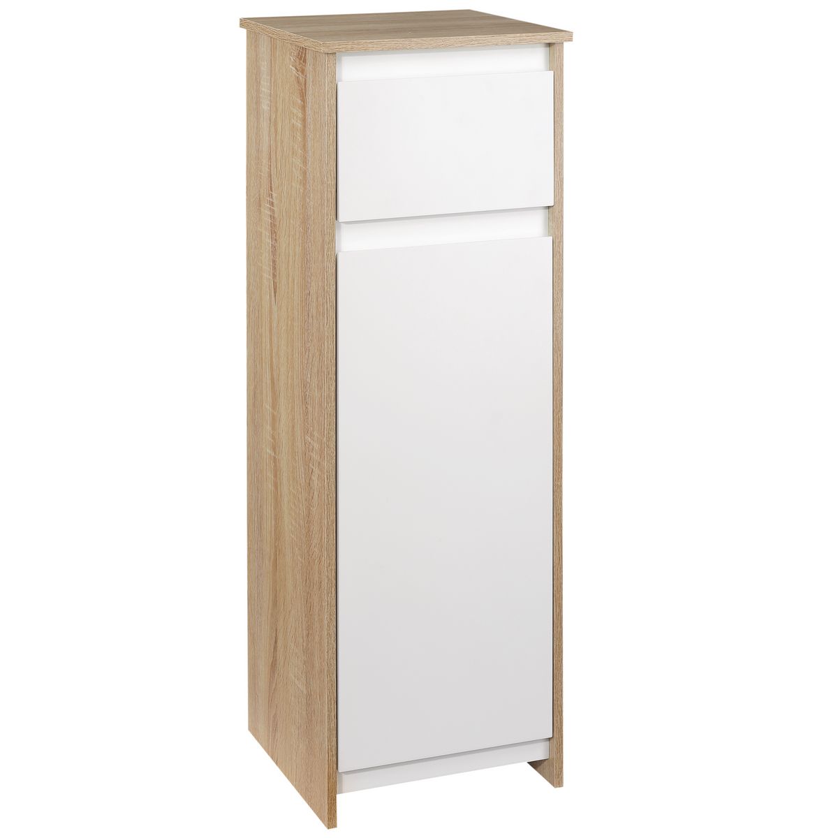 KLEANKIN Meuble colonne bas salle de bain style cosy dim. 32L x 30l x 90H cm porte étagère tiroir MDF blanc aspect chêne clair