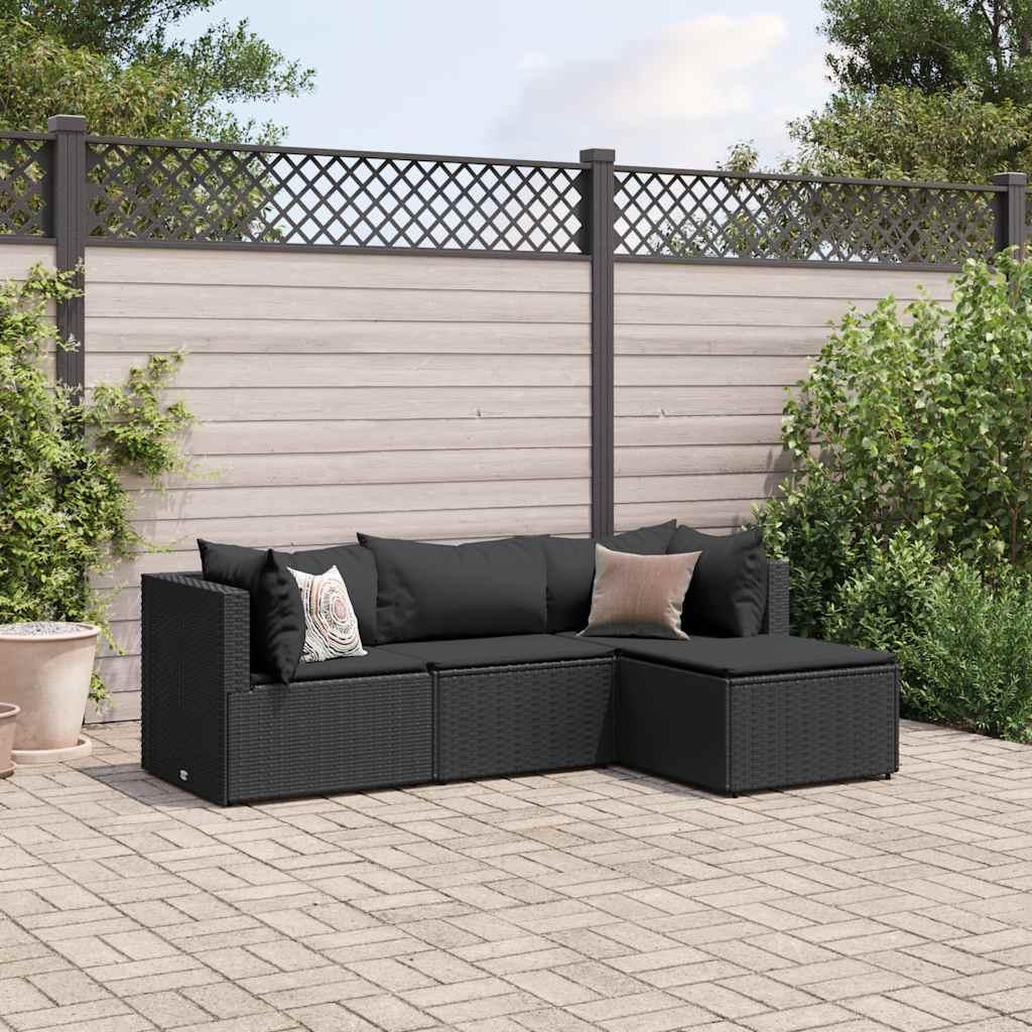 VIDAXL Salon de jardin 4 pcs avec coussins Noir Resine tressee