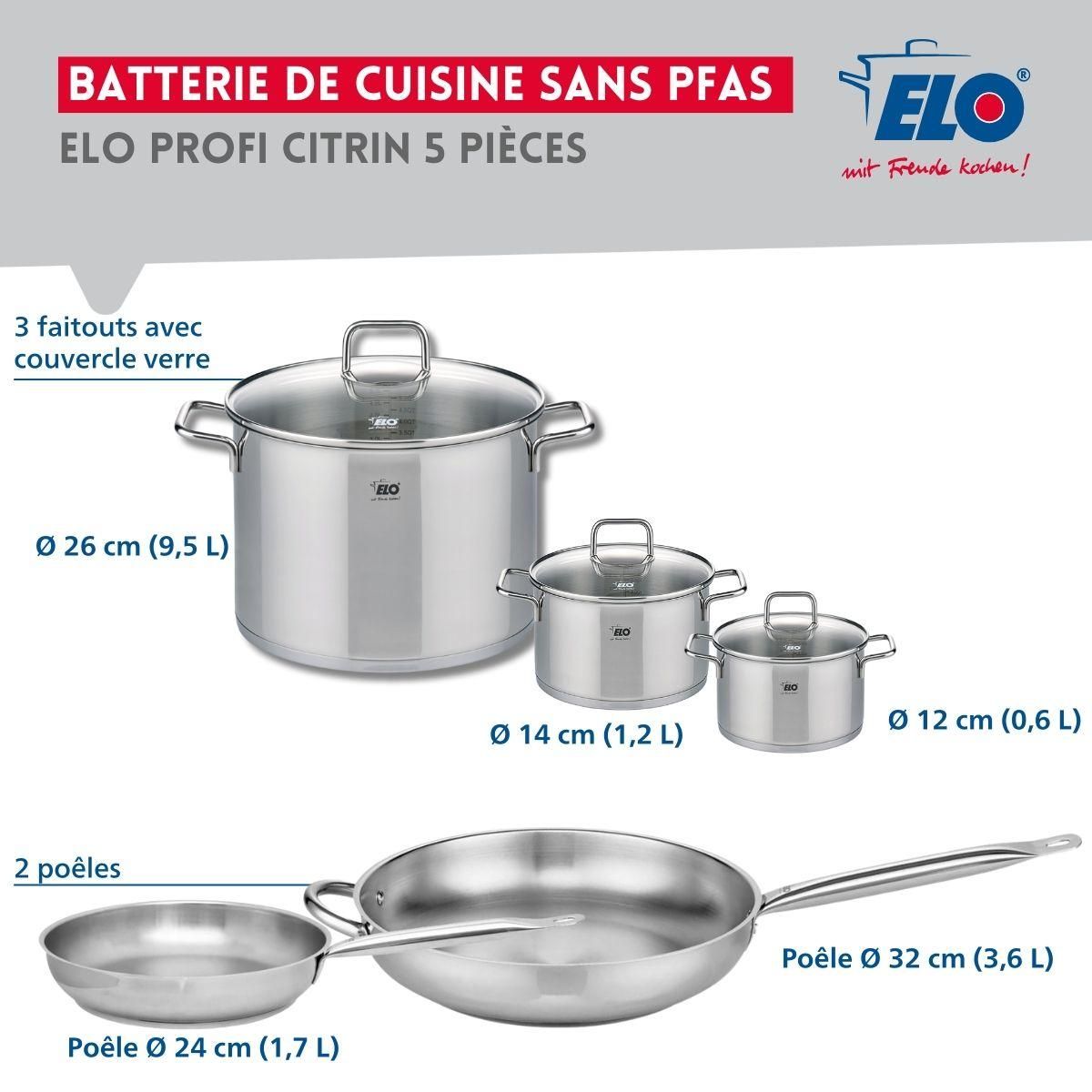 666 Barcelona Ensemble de 2 Poêles de cuisson 24 et 32 cm et 3 faitouts 12, 14 et 26 cm Elo Profi Citrin