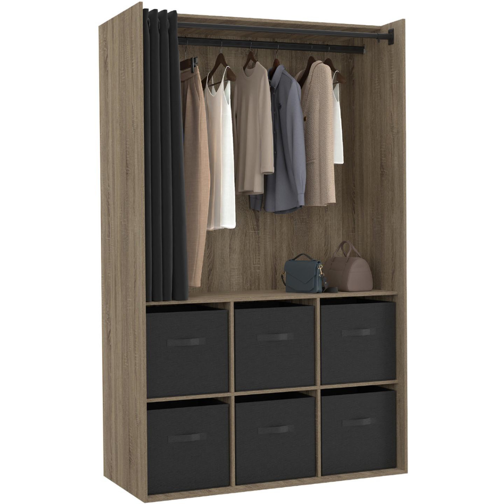 ID MARKET Dressing penderie diane 104 x 50 x 172 cm hêtre avec 6 boites de rangement + rideau noir